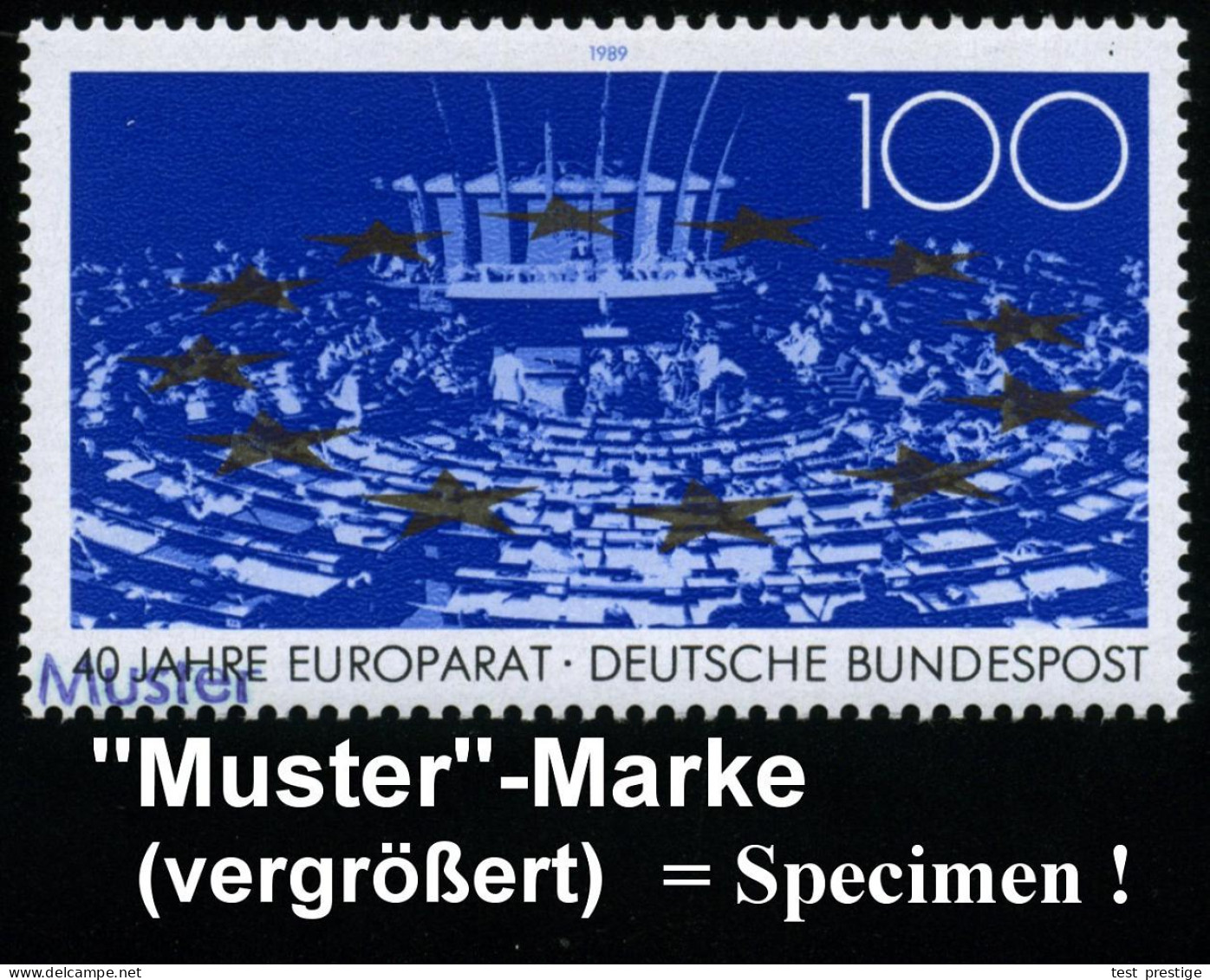 B.R.D. 1989 (Mai) 100 Pf. "40 Jahre Europarat" Mit Amtl. Handstempel  "M U S T E R" , Postfr. + Amtl. Ankündigungsblatt  - Otros & Sin Clasificación