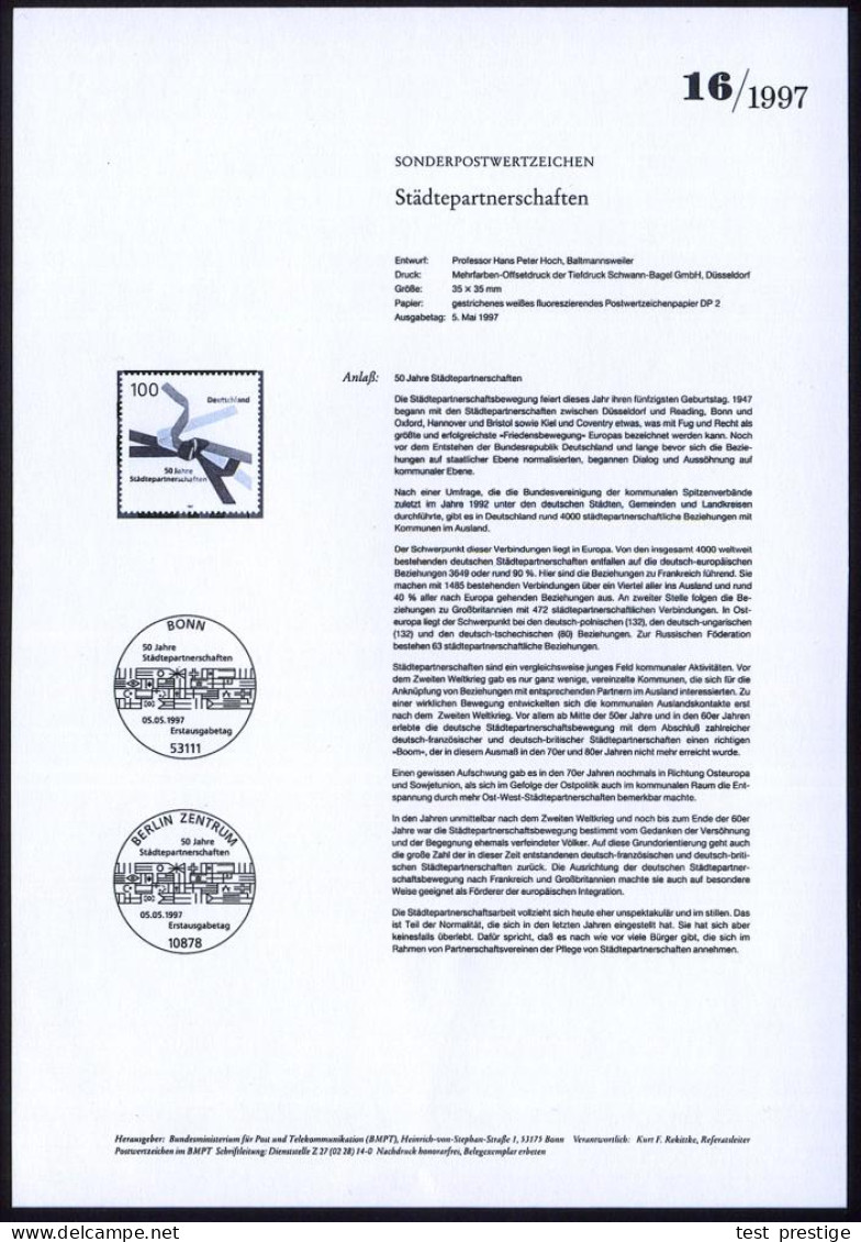 B.R.D. 1997 (Mai) 100 Pf. "50 Jahre Städtepartnerschaften" M. Amtl. Handstempel  "M U S T E R" , Postfr. + Amtl. Ankündi - Otros & Sin Clasificación