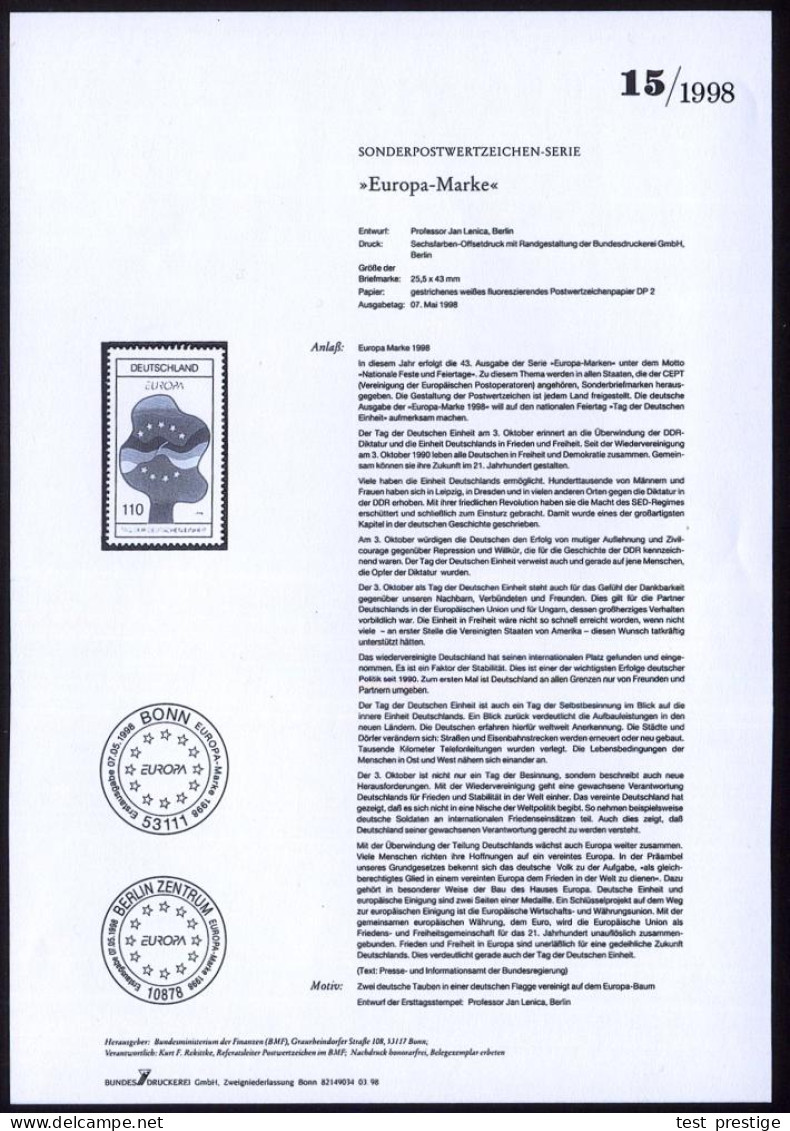 B.R.D. 1998 (Mai) 110 Pf. CEPT (Europa-Baum) Mit Amtl. Handstempel  "M U S T E R" , Postfr. + Amtl. Ankündigungsblatt D. - Autres & Non Classés