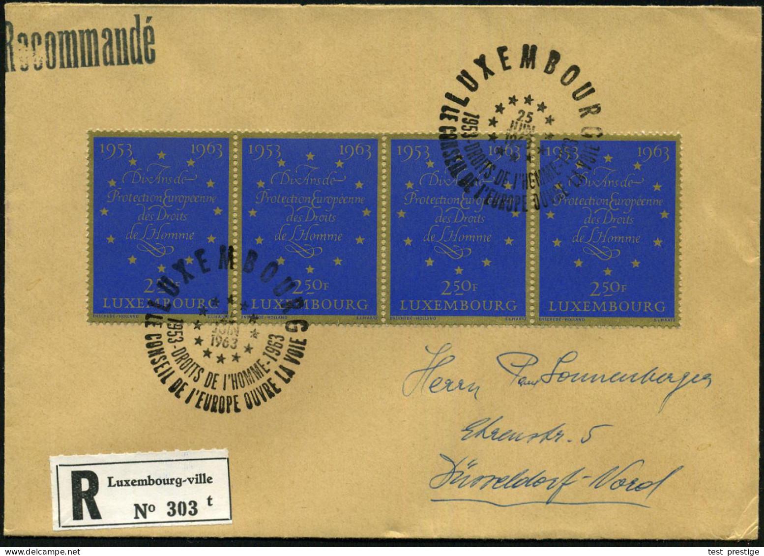 LUXEMBURG 1963 (25.6.) 2,50 Fr. "10 J. Menschenrechts-Konvention" 4er-Streifen + SSt. + RZ , Klar Gest. Ausl.-R-FDC (Mi. - Andere & Zonder Classificatie