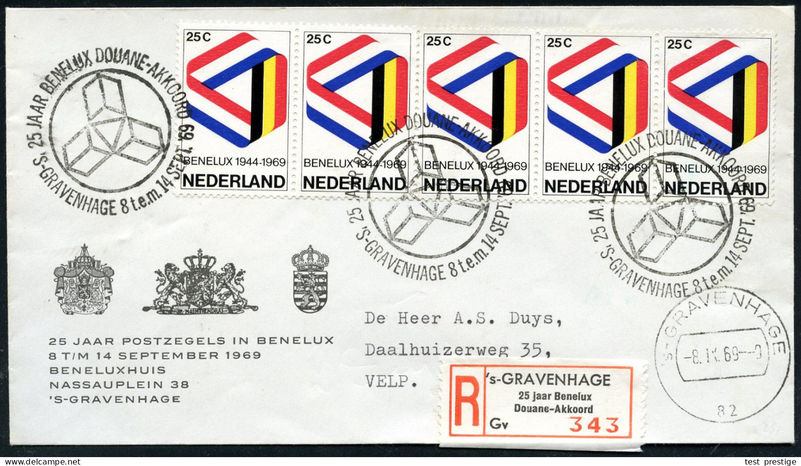 NIEDERLANDE 1969 (8.9.) 25 C. "25 Jahre Zoll-Union BeNeLux", Reine MeF: 5er-Streifen = Flaggenband + Passender ET-SSt: ' - Autres & Non Classés