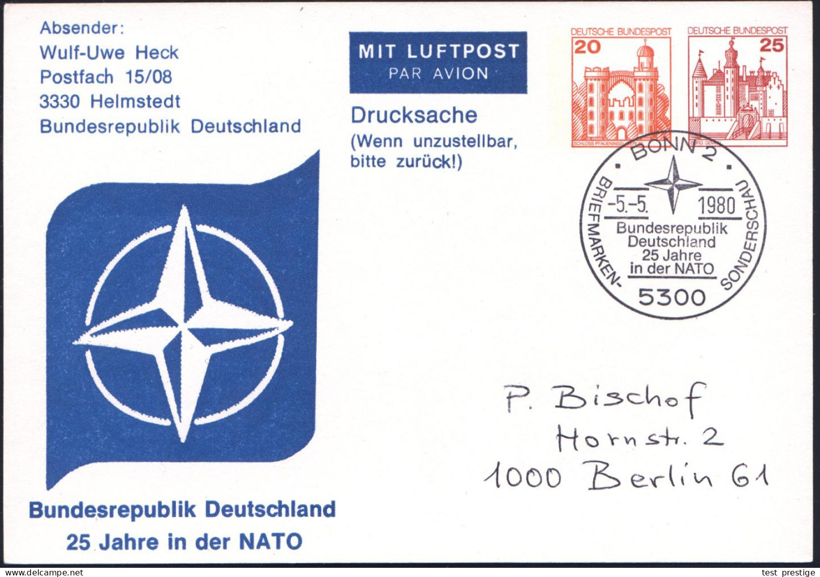 5300 BONN 2/ BRD/ 25 Jahre/ In Der NATO 1980 (5.5.) SSt = NATO-Stern , Motivgl. LPP 20 + 25 Pf. Burgen (Mi.PP 120/2) Inl - Autres & Non Classés