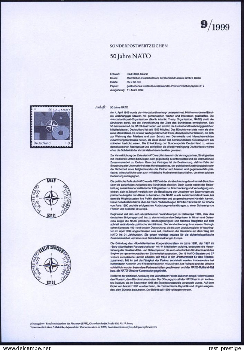 B.R.D. 1999 (März) 110 Pf. "50 Jahre N.A.T.O." Mit Amtl. Handstempel  "M U S T E R" , Postfr. + Amtl. Ankündigungsblatt  - Sonstige & Ohne Zuordnung