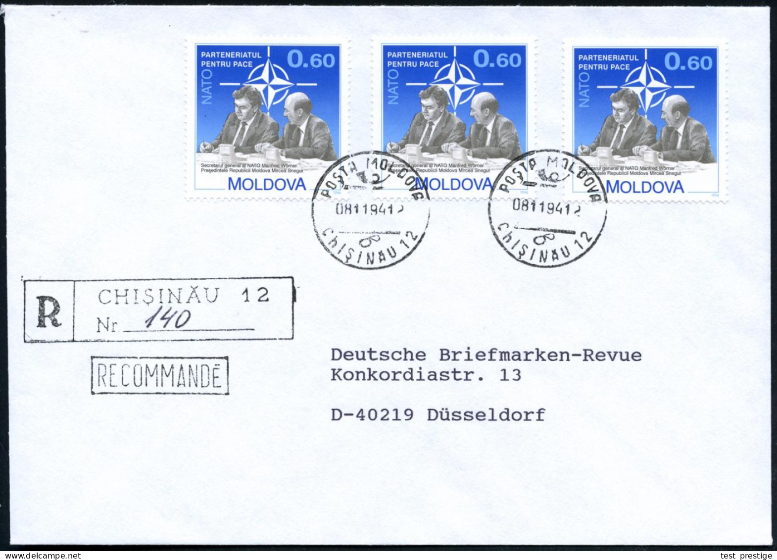 MOLDAWIEN 1994 (8.11.) 0,60 L. NATO = Präs. Snegur U. NATO Gen.Sekr. M.Wörner (CDU), Reine MeF: 3 Stück + Schw. R-Stempe - Autres & Non Classés