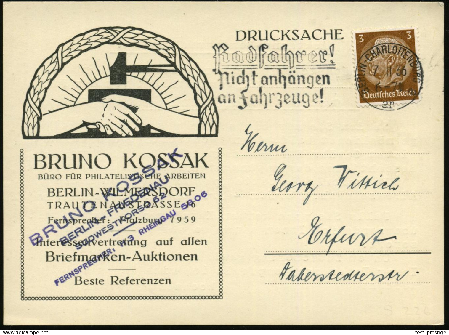 BERLIN-CHARLOTTENBURG 2/ Ar/ Radfahrer!/ Nicht Anhängen/ An Fahrzeuge! 1936 (7.11.) MWSt Klar Auf Firmen-Reklame-Kt.: Br - Otros (Tierra)