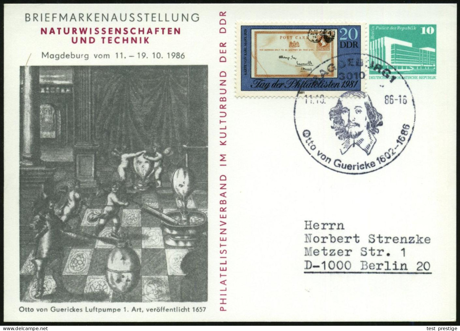 3010 MAGDEBURG 1/ Otto V.Guericke 1602-1686 1986 (11.10.) SSt = Kopfbild Guericke Auf Passender PP 10 Pf. PdR, Grün: Ott - Sonstige (Land)