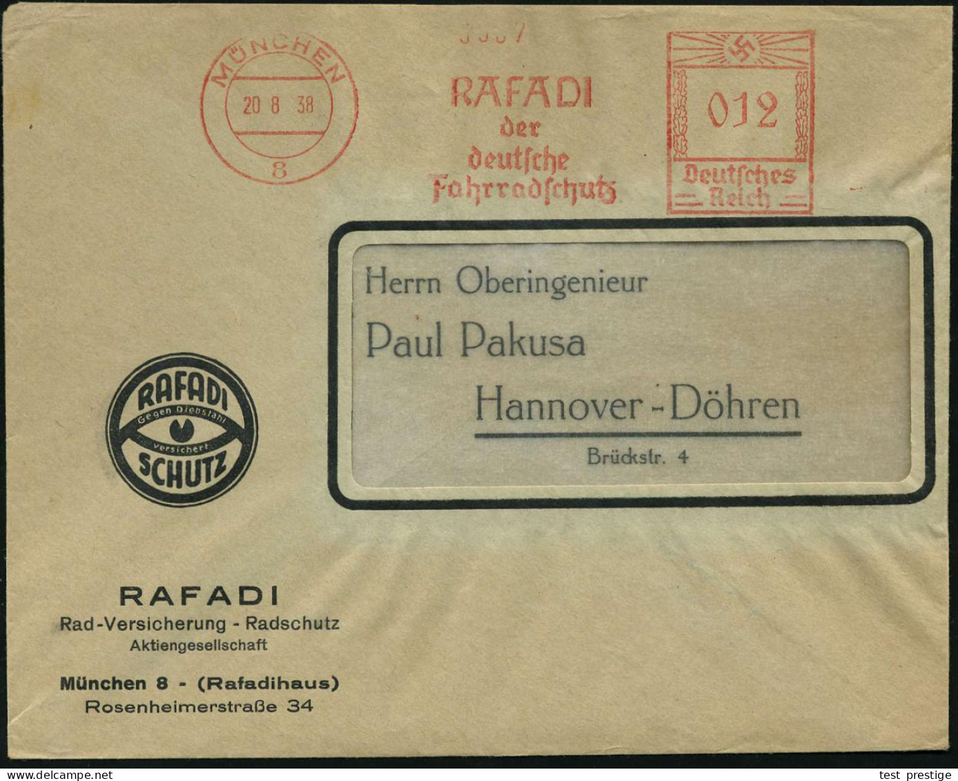 MÜNCHEN/ 8/ RAFADI/ Der/ Deutsche/ Fahrradschutz 1938 (20.8.) AFS Francotyp Auf Dekorativem Reklame-Bf.: RAFADI Rad-Vers - Autres (Terre)