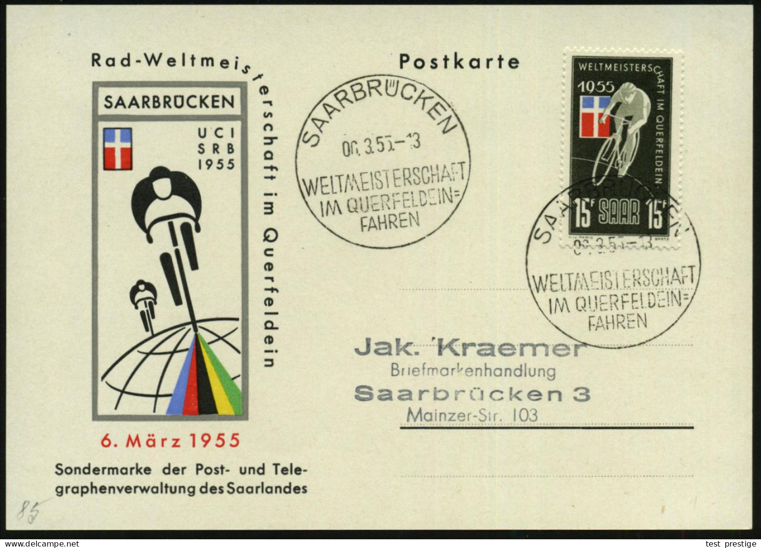 SAARBRÜCKEN/ WELTMEISTERSCHAFT/ IM QUERFELDEIN=/ FAHREN 1955 (6.3.) SSt Auf EF 15 F. Querfeldein-WM , Motivähnl. Sonderk - Otros (Tierra)