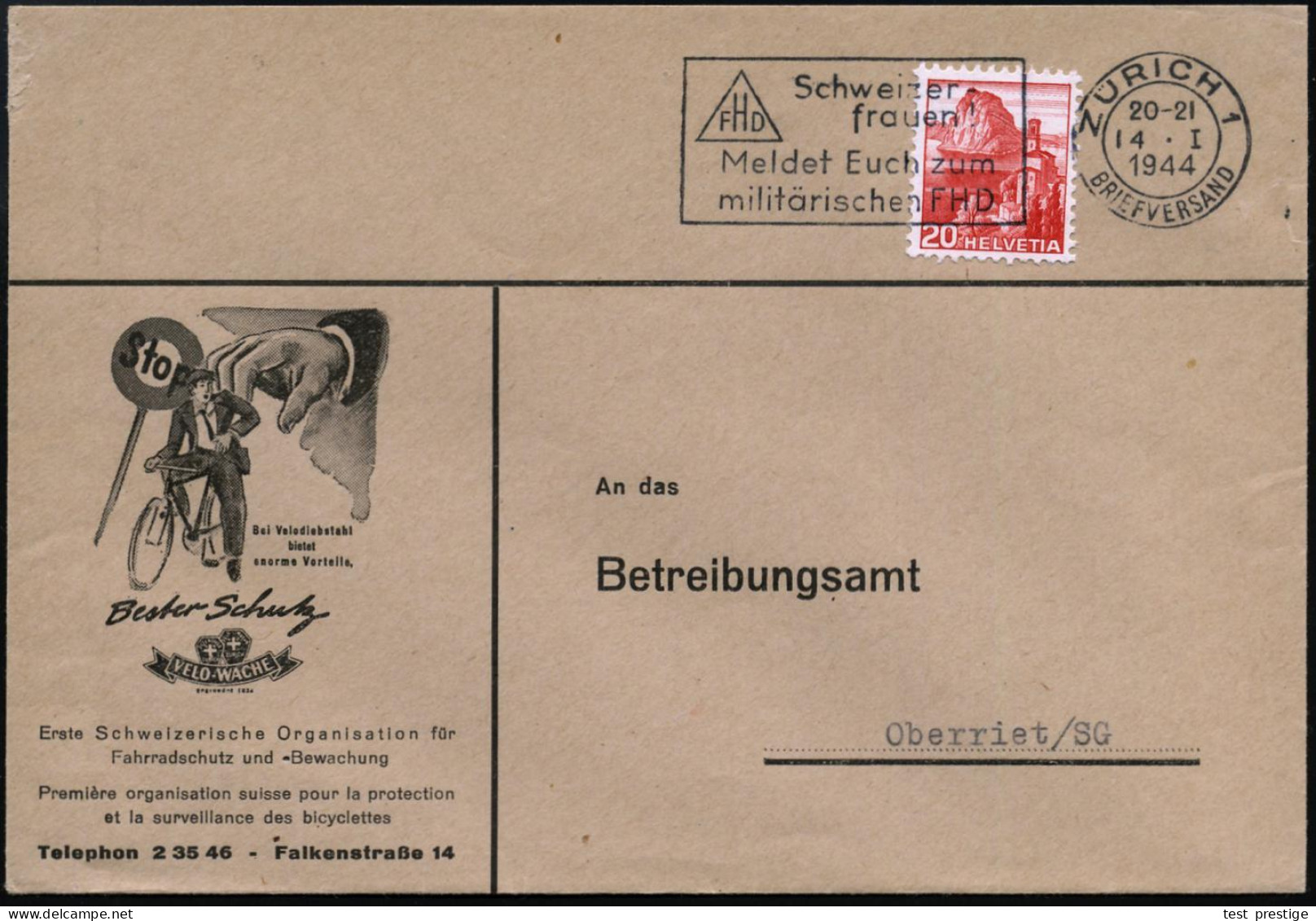 SCHWEIZ 1944 (Jan.) Reklame-Bf: Bei Velodiebstahl.. VELO-WACHE.. , Schweiz. Fahrradschutz U. -Bewachung (Abb: Fahrraddie - Autres (Terre)
