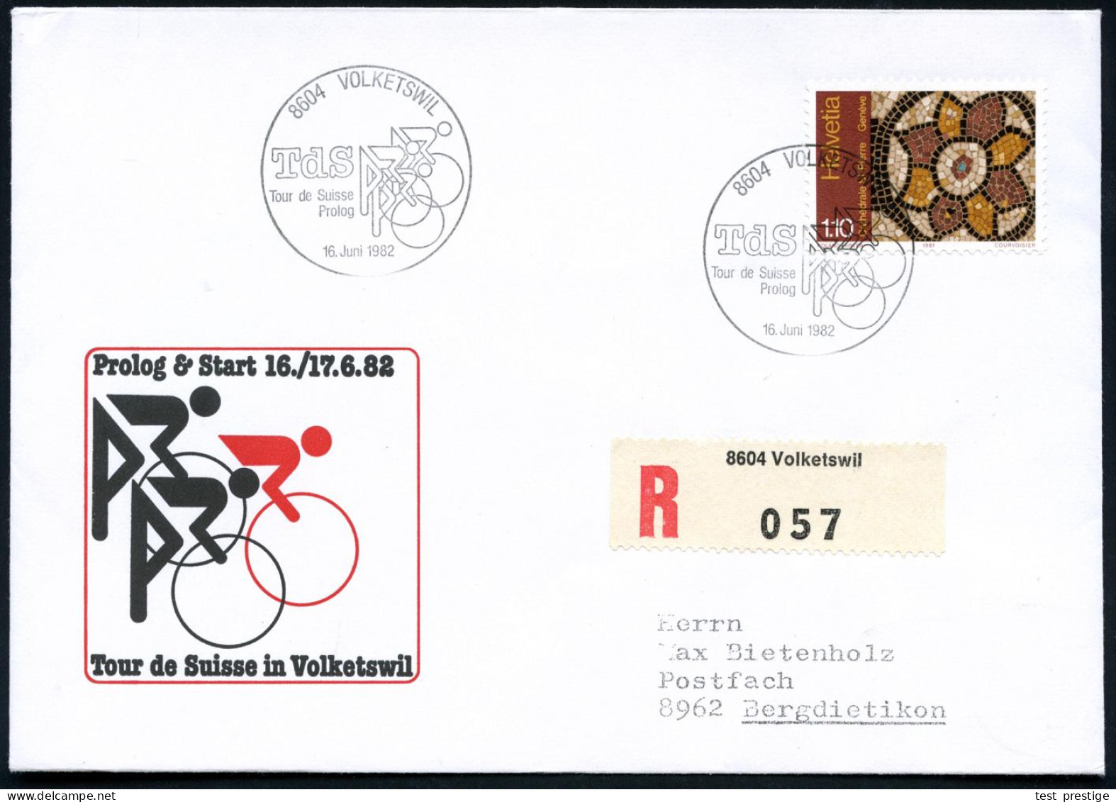 SCHWEIZ 1982 (16.6.) SSt: 8604 VOLKETSWIL/TdS/Tour De Suisse/Prolog = Radsport-Piktogramm + RZ: 8604 Volketswil, Motivgl - Autres (Terre)