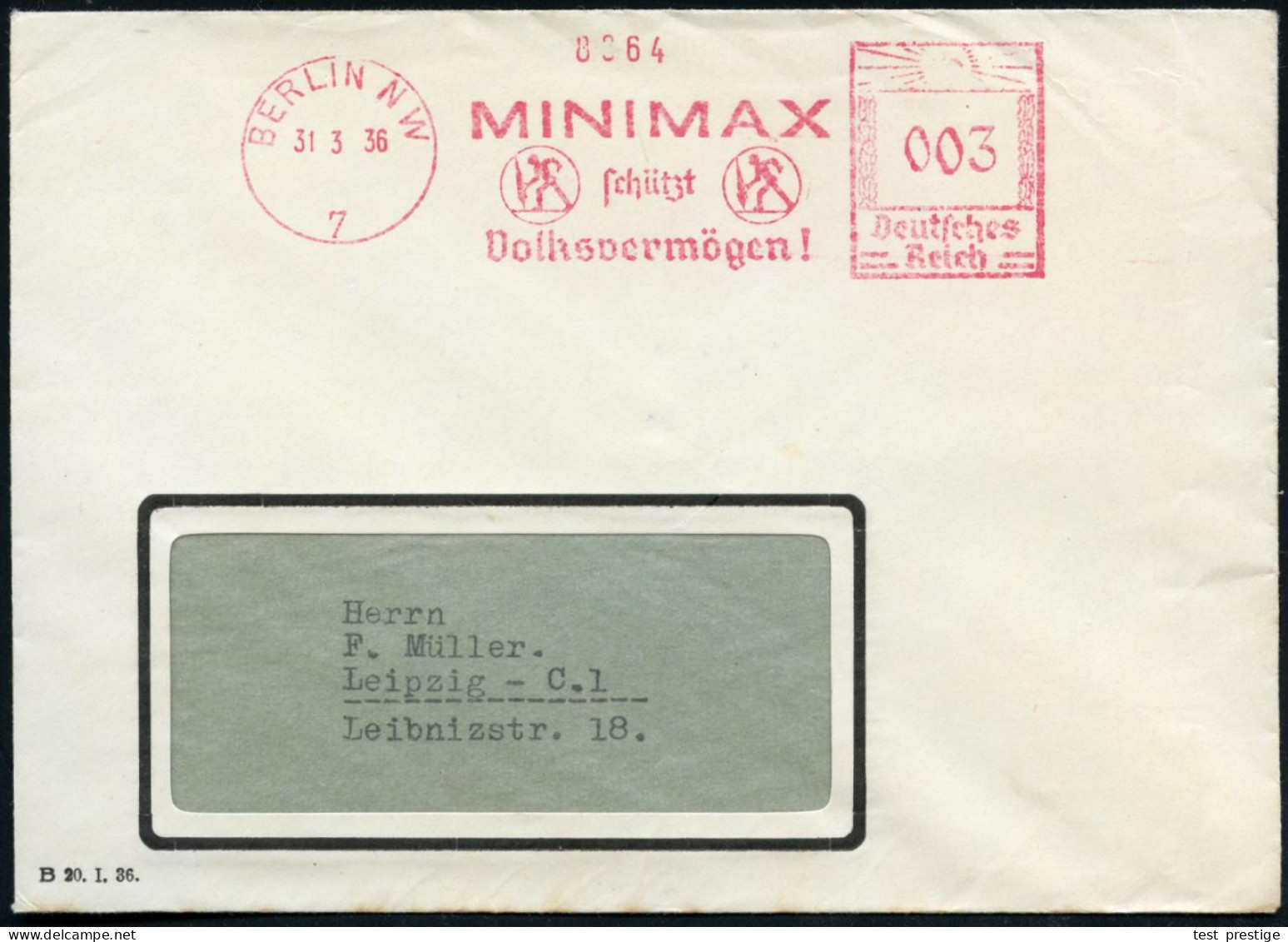 BERLIN NW/ 7/ MINIMAX/ Schützt/ Volksvermögen! 1936 (31.3.) Dekorativer AFS Francotyp = Logo: Mann Mit Handfeuerlöscher  - Bombero