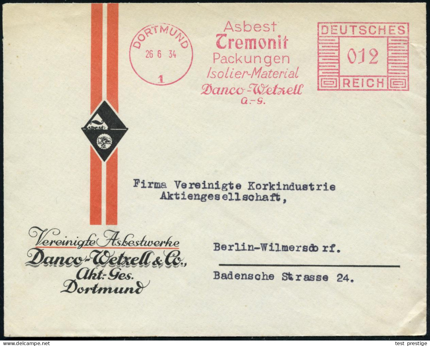 DORTMUND/ 1/ Asbest/ Tremonit/ ..Isolier-Material/ Danco-Wetzell/ A.G. 1934 (26.6.) AFS Francotyp Auf Dekorativem Reklam - Bombero