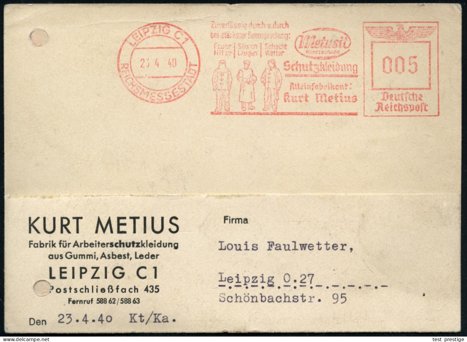 LEIPZIG C1/ REICHSMESSESTADT/ Metusit/ ..Schutzkleidung/ Feuer/ Hitze/ Säuren/ Laugen/ Schacht../ Kurt Metius 1940 (23.4 - Firemen