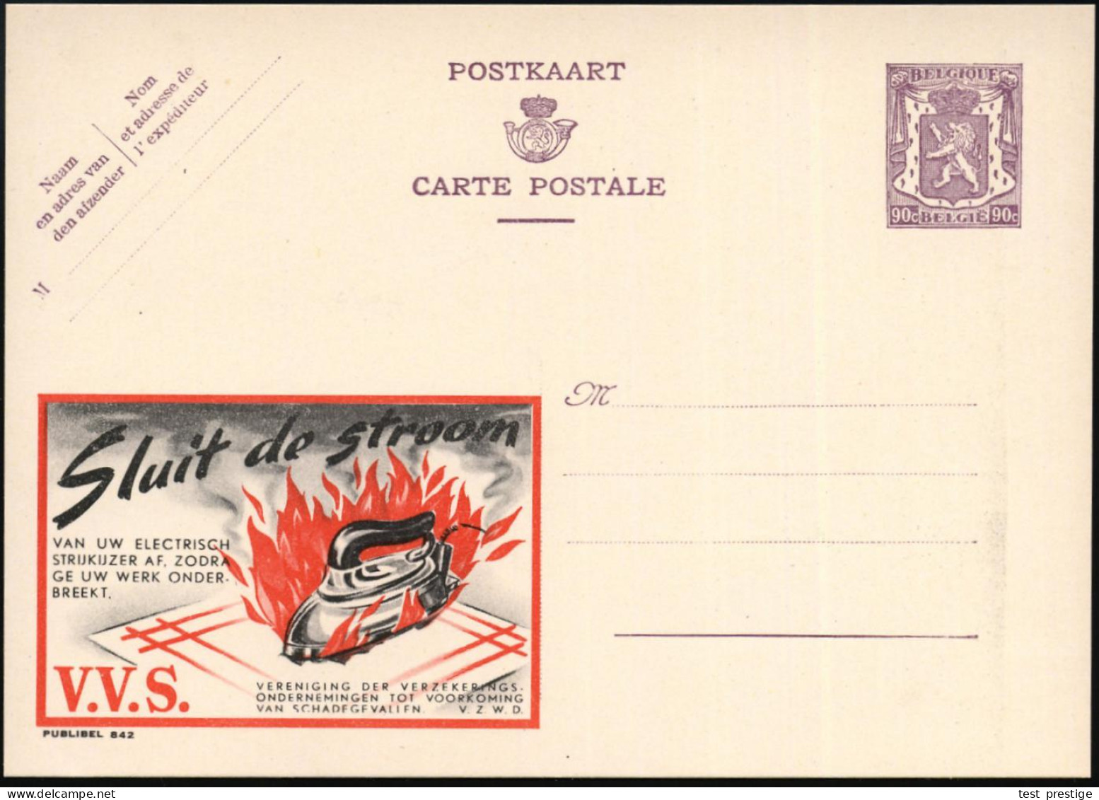 BELGIEN 1948 90 C. Reklame-P, Braunlila: Sluit De Stroom..V.V.S. = Brennendes Bügeleisen , Fläm. Text., Ungebr. (Mi.P 24 - Bombero