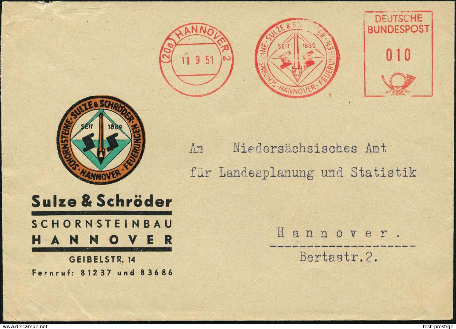 (20a) HANNOVER 2/ SCHORNSTEINE SULZE & SCHRÖDER/ FEUERUNGEN.. 1951 (11.9.) Dekorativer AFS Postalia (Logo Mit Fabrikschl - Firemen