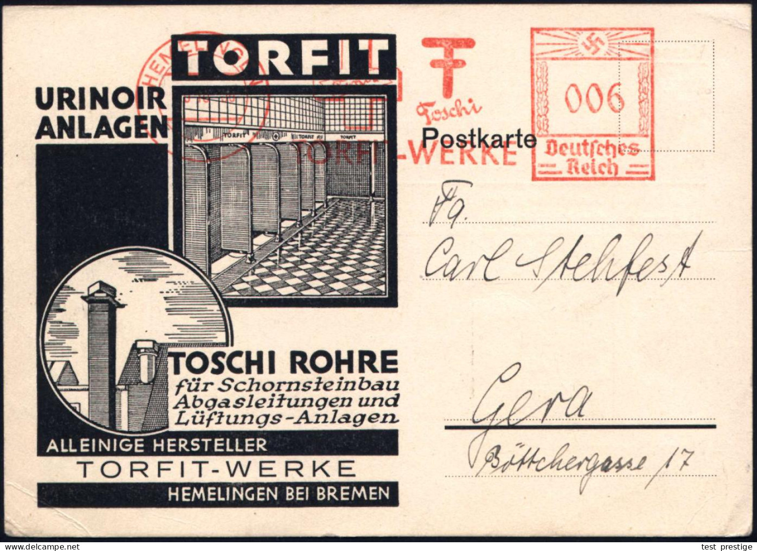 HEMELINGEN/ Toschi/ TORFIT-WERKE 1936 (16.10.) AFS Francotyp (Monogr.) Dekorative Reklame-Kt.: Urinoir, Schornstein-Abga - Feuerwehr