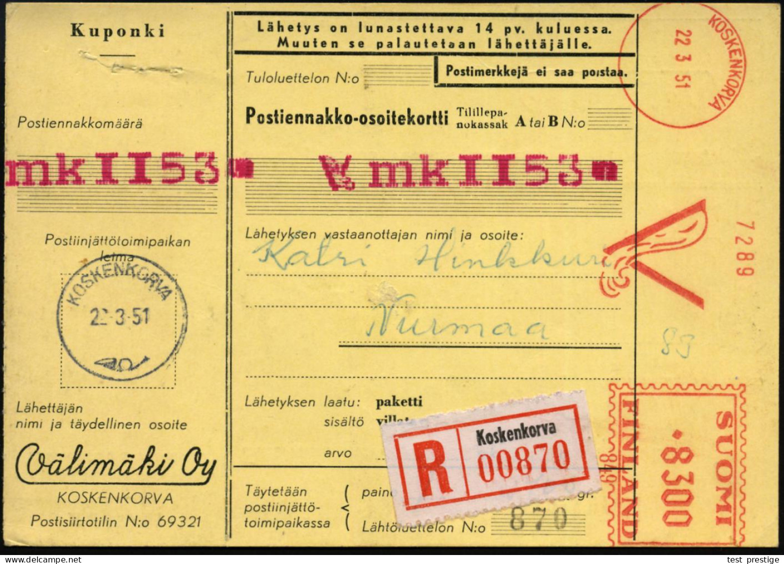 FINNLAND 1951 (22.3.) AFS Francotyp: KOSKENKORVA/V/849 = Entflammtes Zündholz (= Välimäki Oy) Seltene Inlands-R-NN-Paket - Bombero