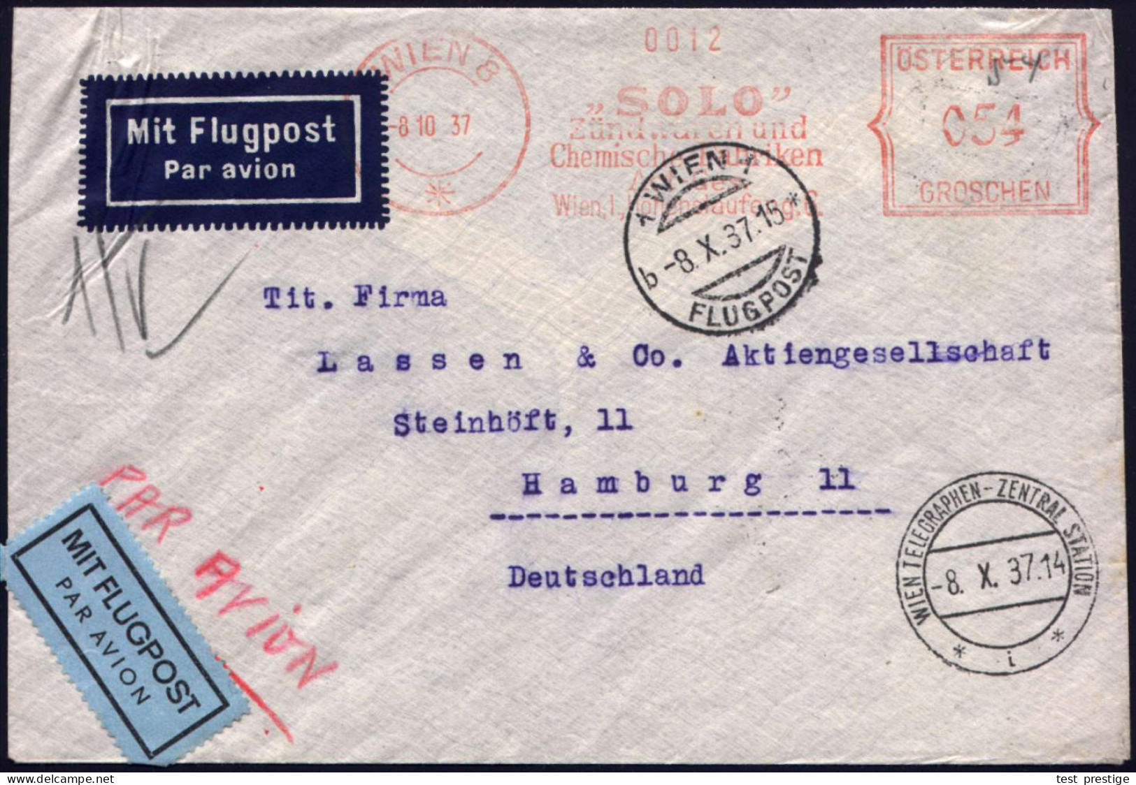 ÖSTERREICH 1937 (8.10.) AFS Francotyp: WIEN 8/*/"SOLO"/Zündwaren U./Chem.Fabriken/AG.. , 054 Gr. + 1K: 1 WIEN 1/B*/FLUG- - Feuerwehr