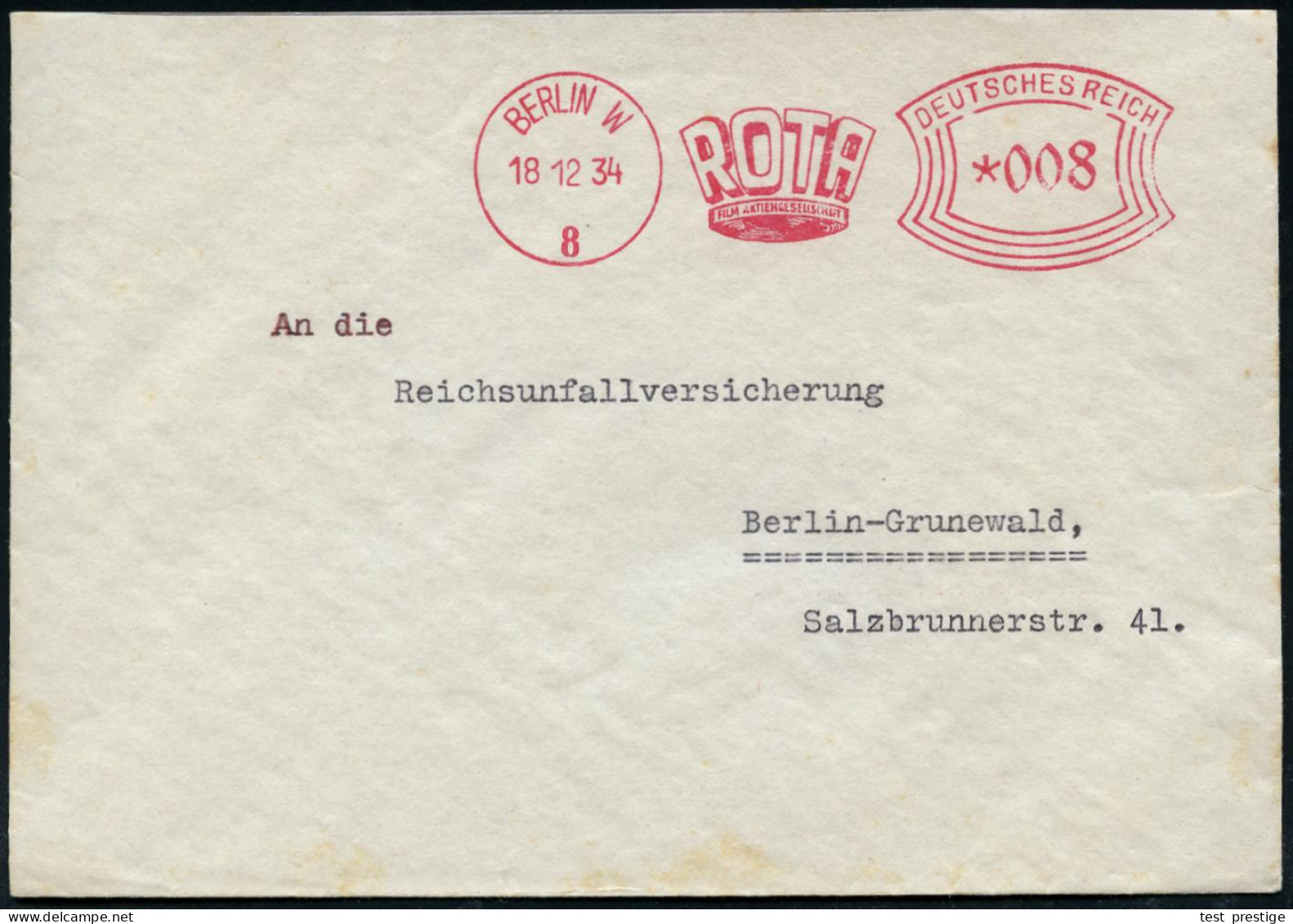 BERLIN W/ 8/ ROTA/ FILM AG 1934 (18.12.) AFS Francotyp (Schrift-Logo) Klar Gest. Firmen-.Bf., Rs. Abs.-Vordruck: WILHELM - Cinéma