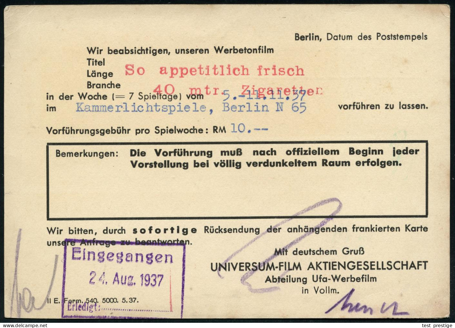 BERLIN SW/ 19/ Das Schöne/ Fräulein/ Schragg/ UfA/ OTTO GEBÜHR/ HANSI KNOTECK 1937 (20.8.) Seltener AFS Francotyp , UfA- - Cinéma