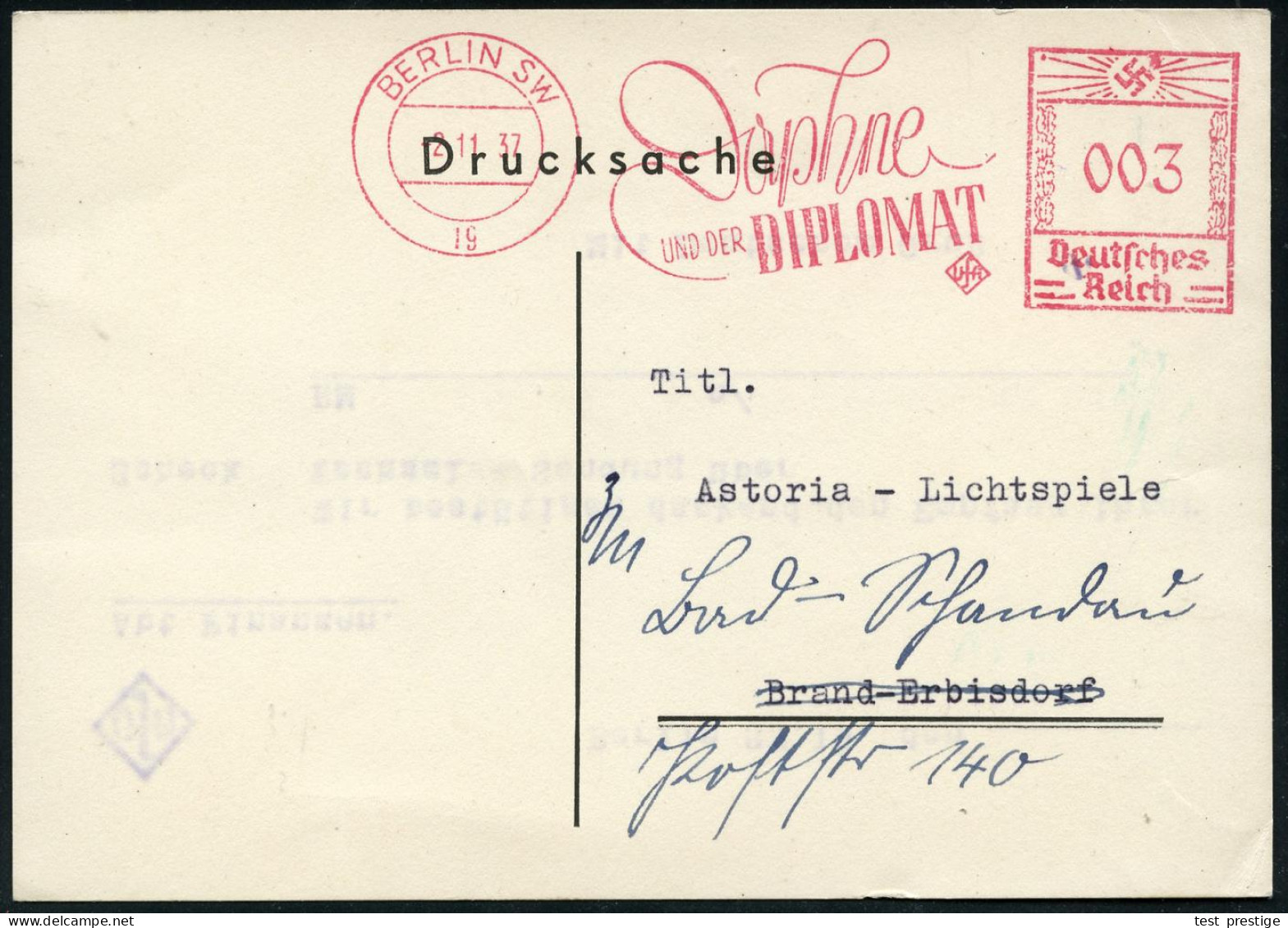 BERLIN SW/ 19/ Daphne/ UND DER DIPLOMAT/ UfA 1937 (2.11.) AFS Francotyp Auf UfA-Firmen-Kt. Mit Text über Scheck-Erhalt ü - Cinéma