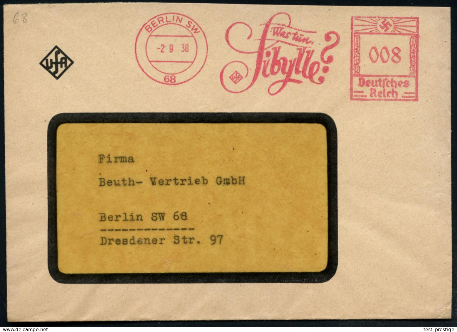 BERLIN SW/ 68/ Was Tun/ Sibylle?/ UfA 1938 (2.9.) Seltener AFS Francotyp (Ufa-Logo) Auf Motivgl. Firmen-Orts-Bf. (Dü.E-3 - Kino