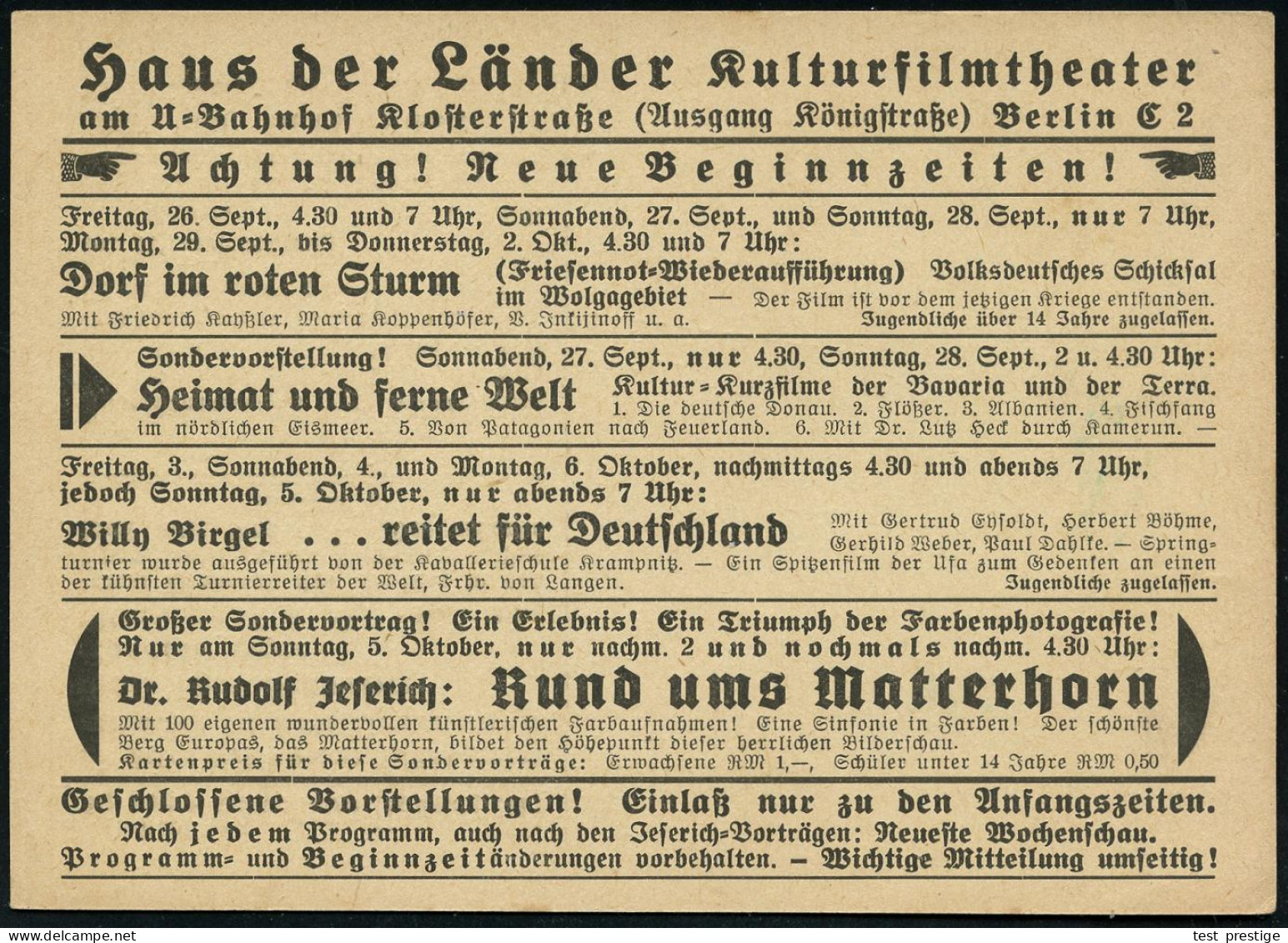 BERLIN NW7/ Mo 1941 (24.9.) PFS 3 Pf. Auf Vordruck-Kt.: Haus Der Länder Kulturfilmtheater U.a. "Dorf Im Roten Sturm" (Fi - Kino