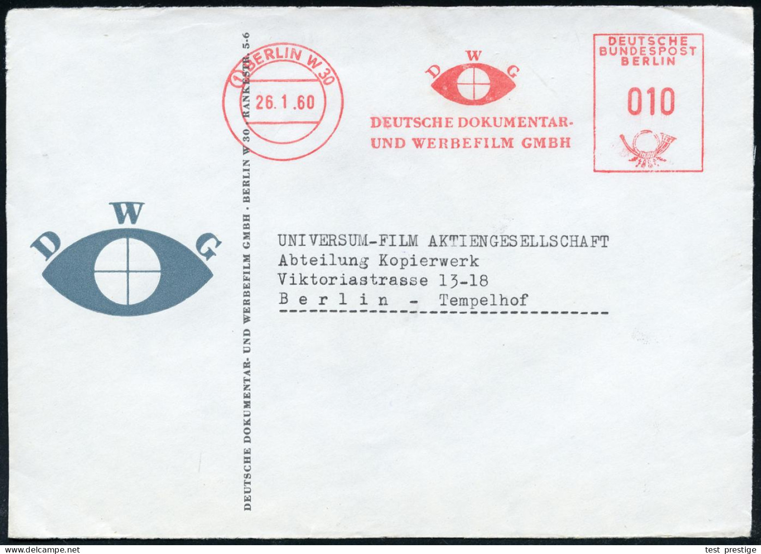 (1) BERLIN W 30/ DWG/ DEUTSCHE DOKUMENTAR-/ U.WERBEFILM GMBH 1960 (26.1.) AFS Francotyp = Augen-Logo Auf Motivgleicher F - Cinema