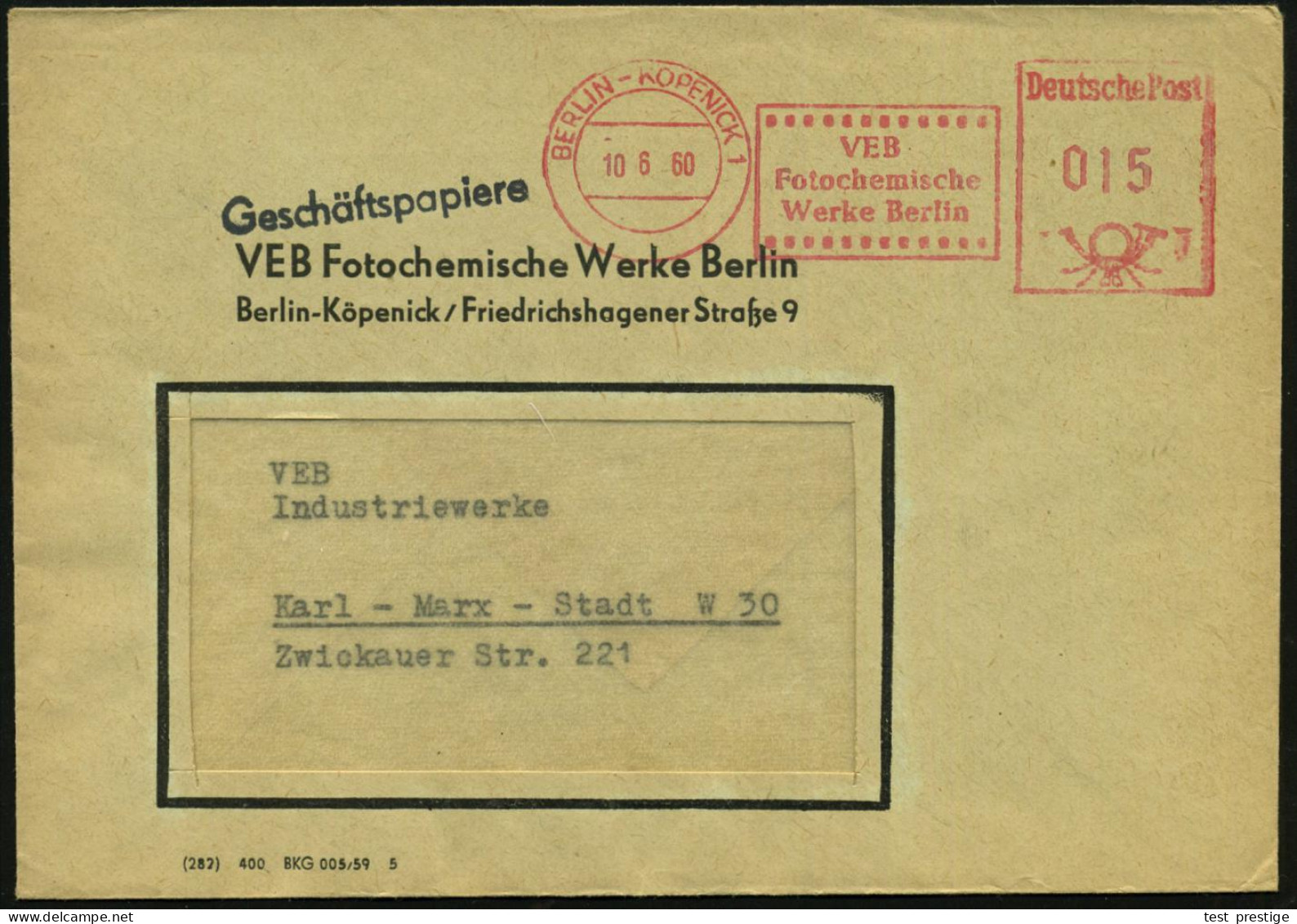 BERLIN-KÖPENICK 1/ VEB/ Fotochemische/ Werke 1960 (10.6.) Sehr Seltene, Verkürzter AFS Francotyp = Enteignete US-Firma K - Cinema