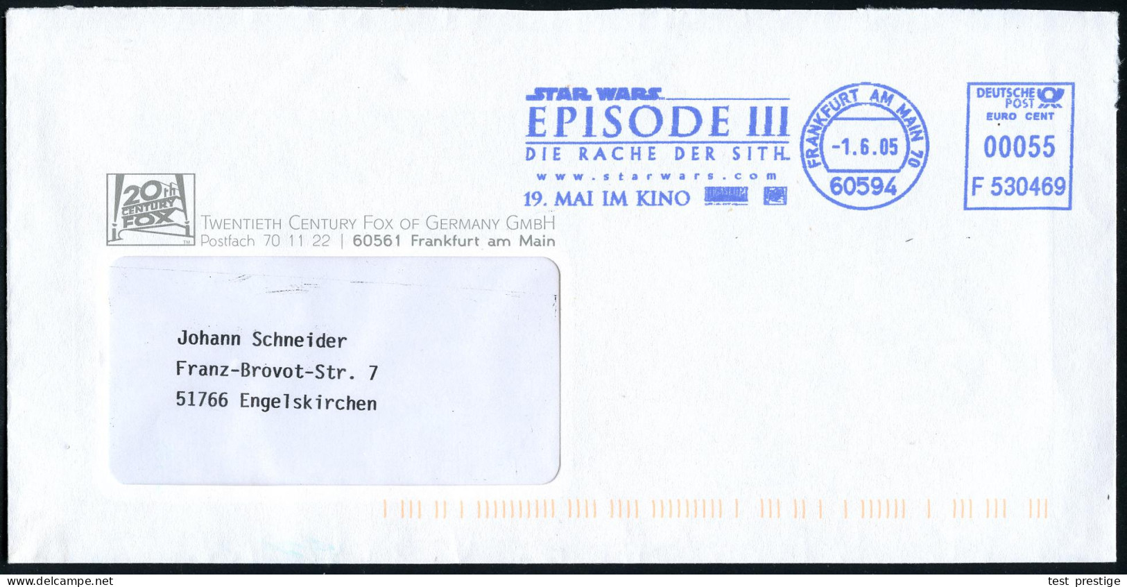 60594 FRANKFURT AM MAIN 70/ STAR WARS/ EPISODE III/ DIE RACHE/ DER SITH.. 2005 (1.6.) Blauer AFS Auf Firmen-Bf.: 20th CE - Kino