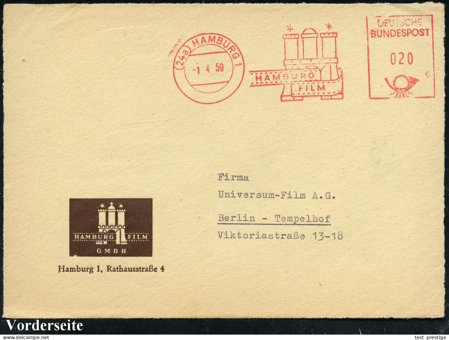 (24a) HAMBURG 1/ HAMBURG/ FILM 1959 (1.4.) AFS Postalia = Filmband Um Hambg. Wappen , Motivgl. Firmen-Vorderseite (Dü.E- - Cinema