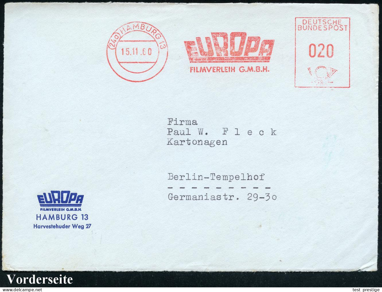 (24a) HAMBURG 13/ EUROPA/ FILMVERLEIH GMBH 1960 (15.11.) AFS Francotyp (Firmen-Schriftzug) Motivgl. Firmen-Vorderseite N - Cinéma