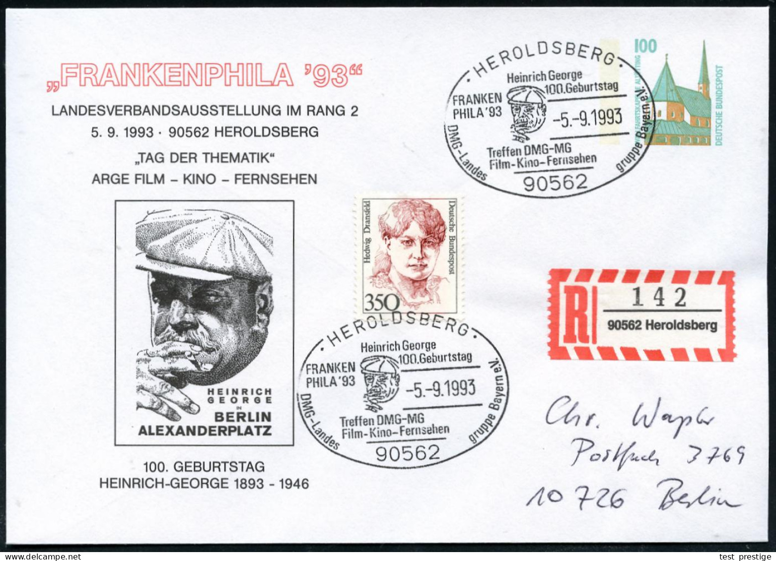 90562 HEROLDSBERG/ Heinrich George/ 100.Geburtstag/ FRANKEN/ PHILA.. 1993 (5.9.) SSt = Kopfbild H. George Mit Schirmmütz - Cinéma