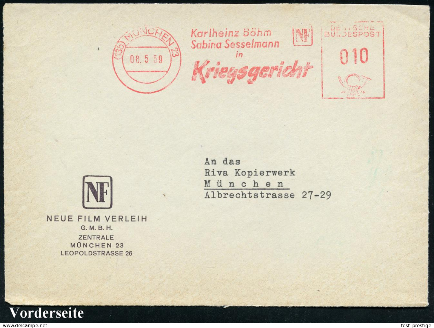 (13b) MÜNCHEN 23/ Karlheinz Böhm/ Sabine Sesselmann/ NF/ In Kriegsgericht 1959 (8.5.) Seltener AFS Francotyp Auf Firmen- - Kino
