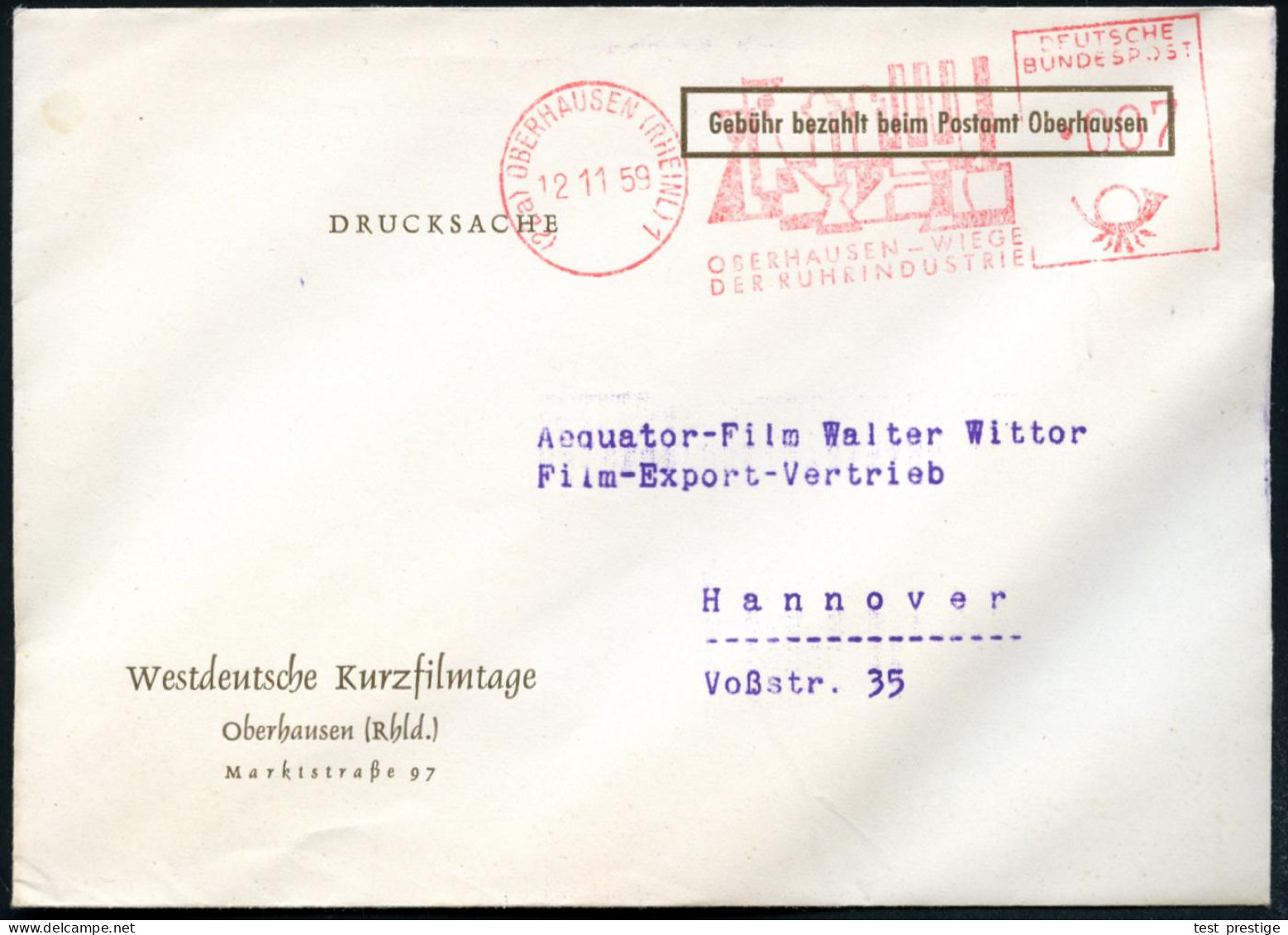 (22a) OBERHAUSEN (RHEINL) 1/ ..WIEGE DER RUHRINDUSTRIE 1959 (12.11.) AFS Francotyp (Industrie-Anlagen) Auf Vordr.-Bf.: W - Cinema