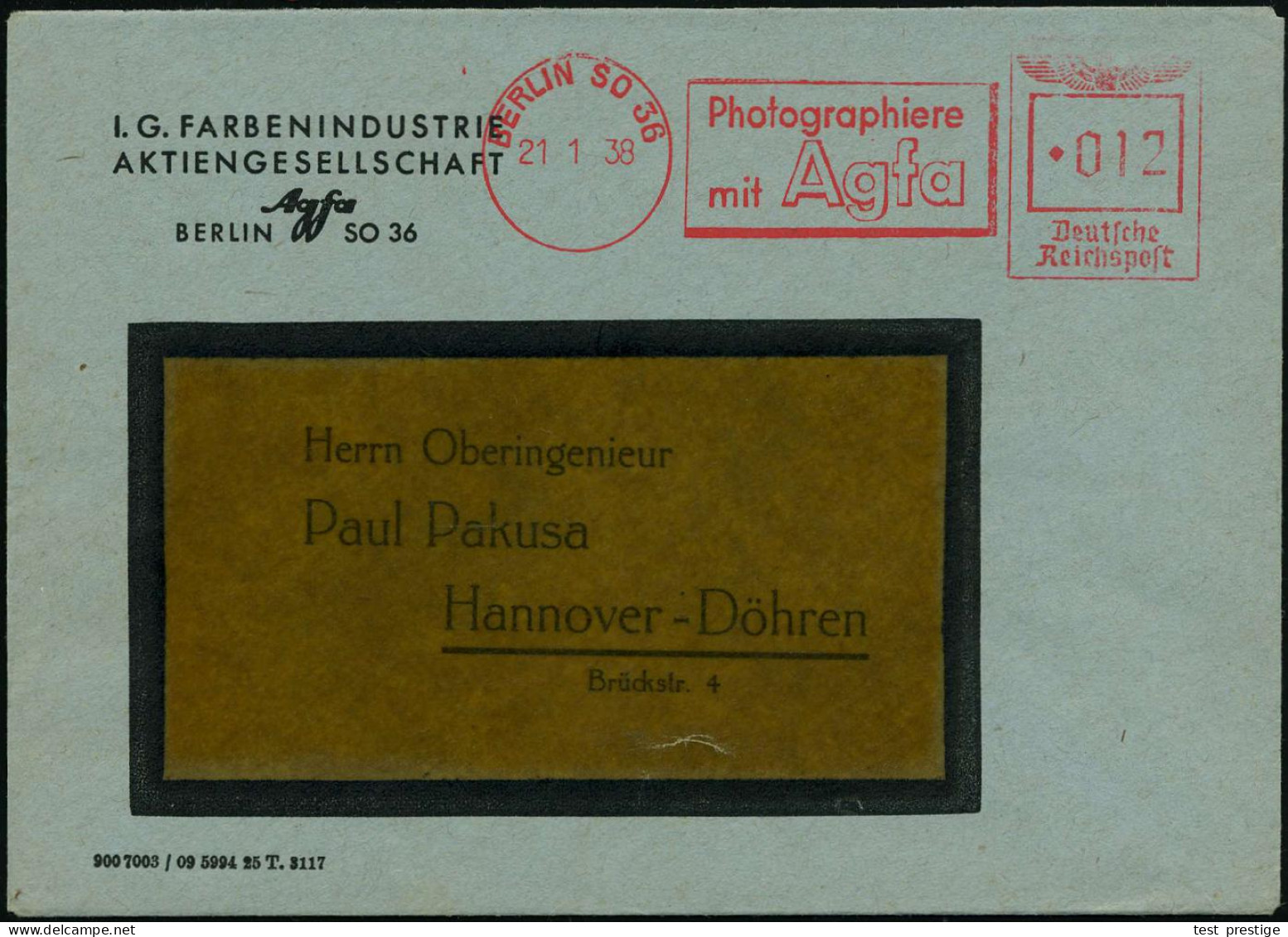 BERLIN SO 36/ Photographiere/ Mit Agfa 1938 (21.1.) AFS Francotyp Klar Auf Firmen-Bf.: I.G. FARBENINDUSTRIE AG., Agfa (D - Fotografie