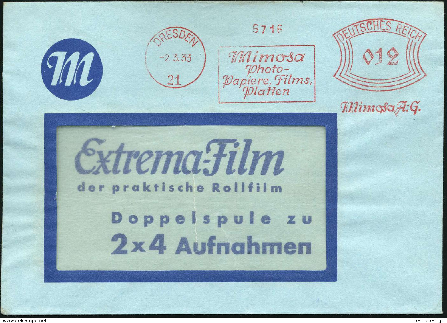DRESDEN A21/ Mimosa/ Photo-/ Papiere,Films/ Platten.. 1933 (2.3.) AFS Francotyp Auf Dekorativem Reklame-Bf: Extrema-Film - Fotografía