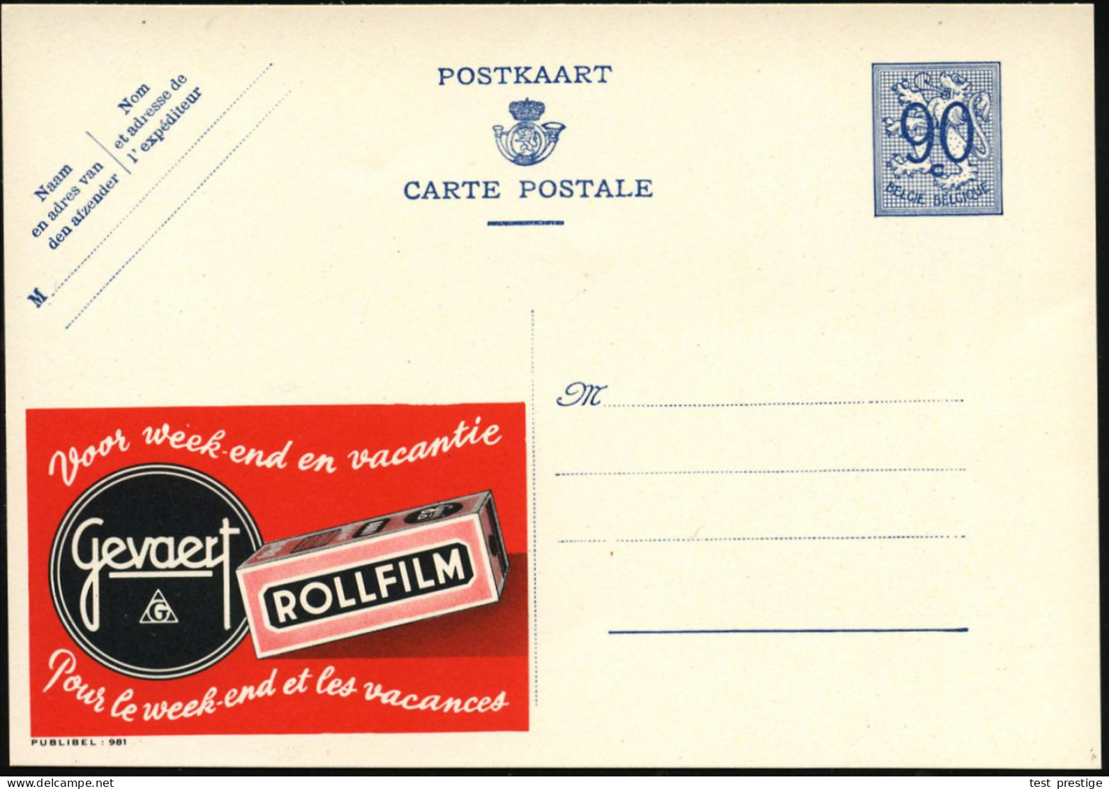 BELGIEN 1951 90 C. Reklame-P., Wappenlöwe, Blau: Gevaert ROLLFILM.. (Film-Pack, Logo) Fläm.Titel Oben, Ungebr. (Mi.P 273 - Photographie