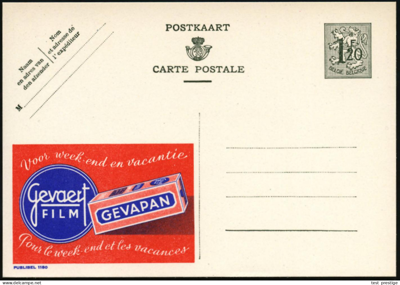 BELGIEN 1952 1,20 F. Reklame-P. Wappenlöwe, Oliv: Gevaert/FILM/GEVAPAN (Rollfilm-Pack, Logo) Ungebr. (Mi.P 283 II / 1180 - Photographie