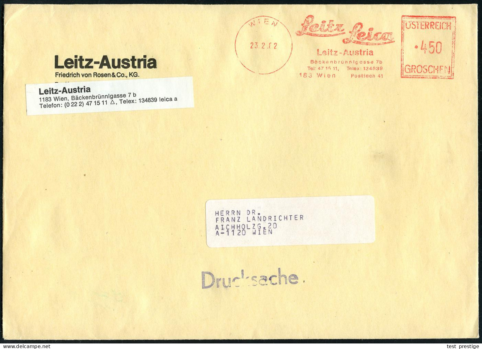 ÖSTERREICH 1962 (23.2.) AFS Francotyp: WIEN/ Leitz Leic/Leitz Austria.. (Firmen-Schriftzug) Firmen-Bf. (Format A5) 450 G - Fotografie