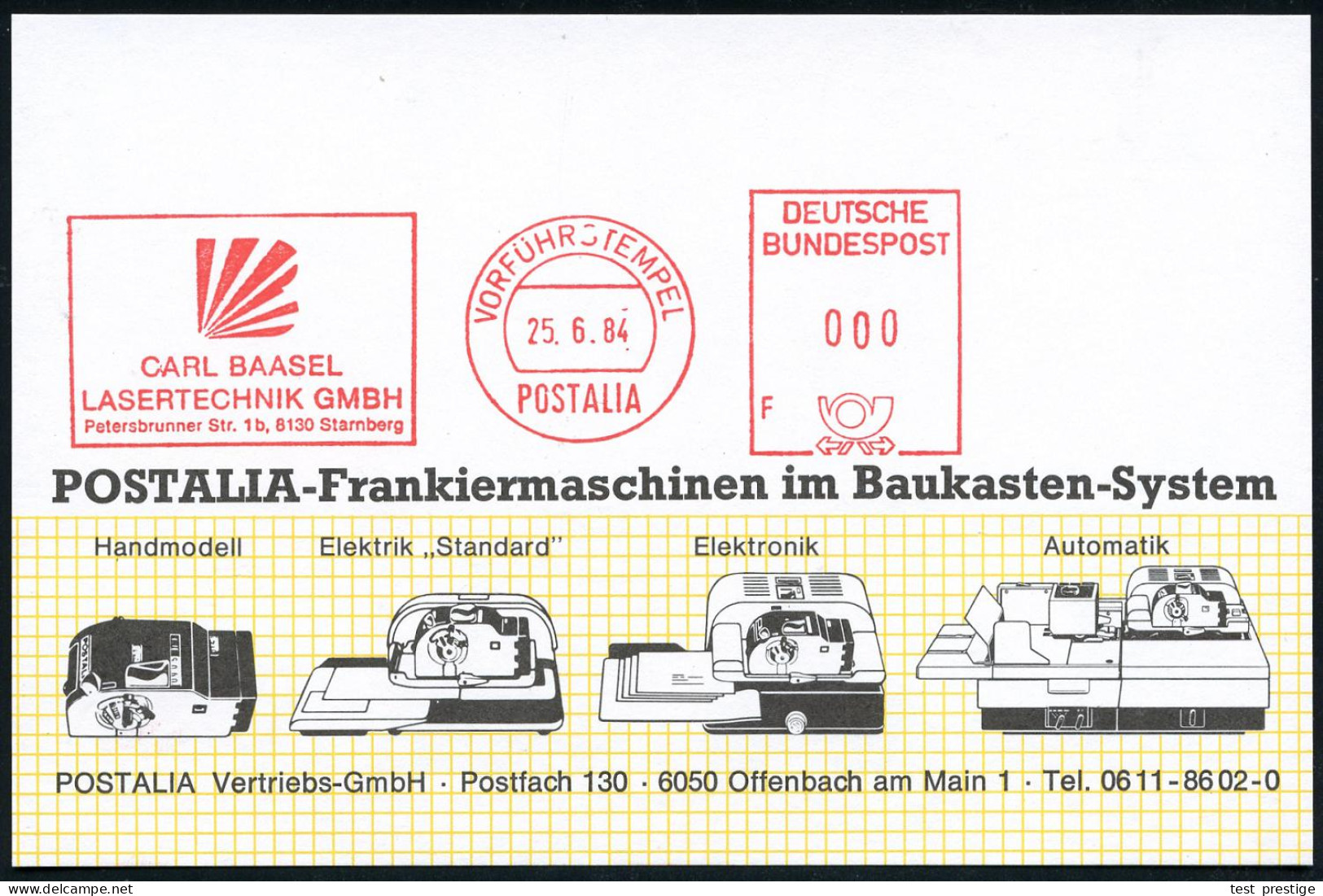 8130 Starnberg 1984 (25.6.) AFS: VORFÜHRSTEMPEL/POSTALIA/ CARL BAASEL/ LASERTECHNIK GMBH.. (Laserstrahlen) Seltene Posta - Photography