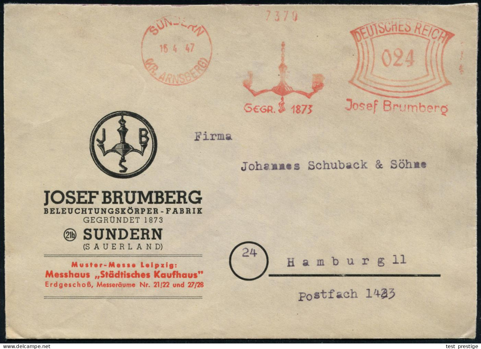 SUNDERN/ (KR.ARNSBERG)/ GEGER.1873/ Josef Brumberg 1947 (16.4.) AFS Francotyp "Bogenrechteck"  U N V E R ä N D E R T   W - Fotografía