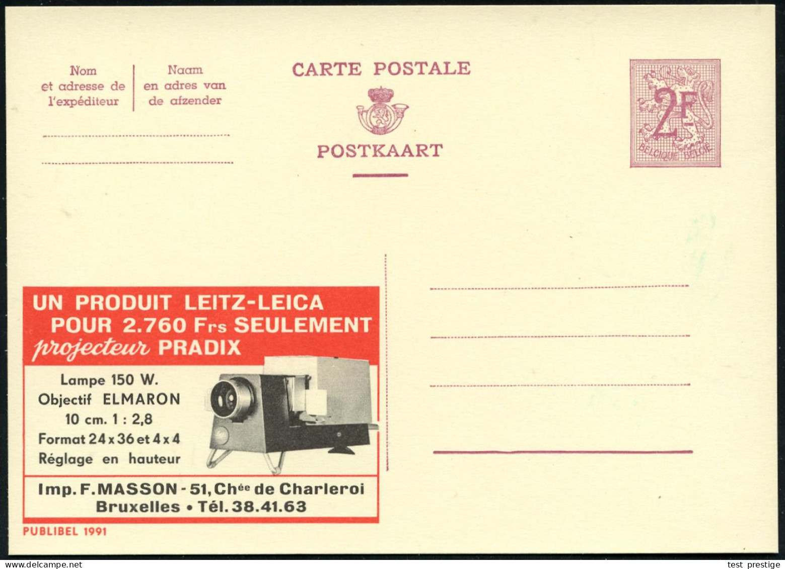 BELGIEN 1960 2 F. Reklame-P. Wappenlöwe, Weinrot: UN PRODUIT LEITZ-LEICA.. Projecteuer PRADIX.. = Dia-Projektor , Ungebr - Photographie