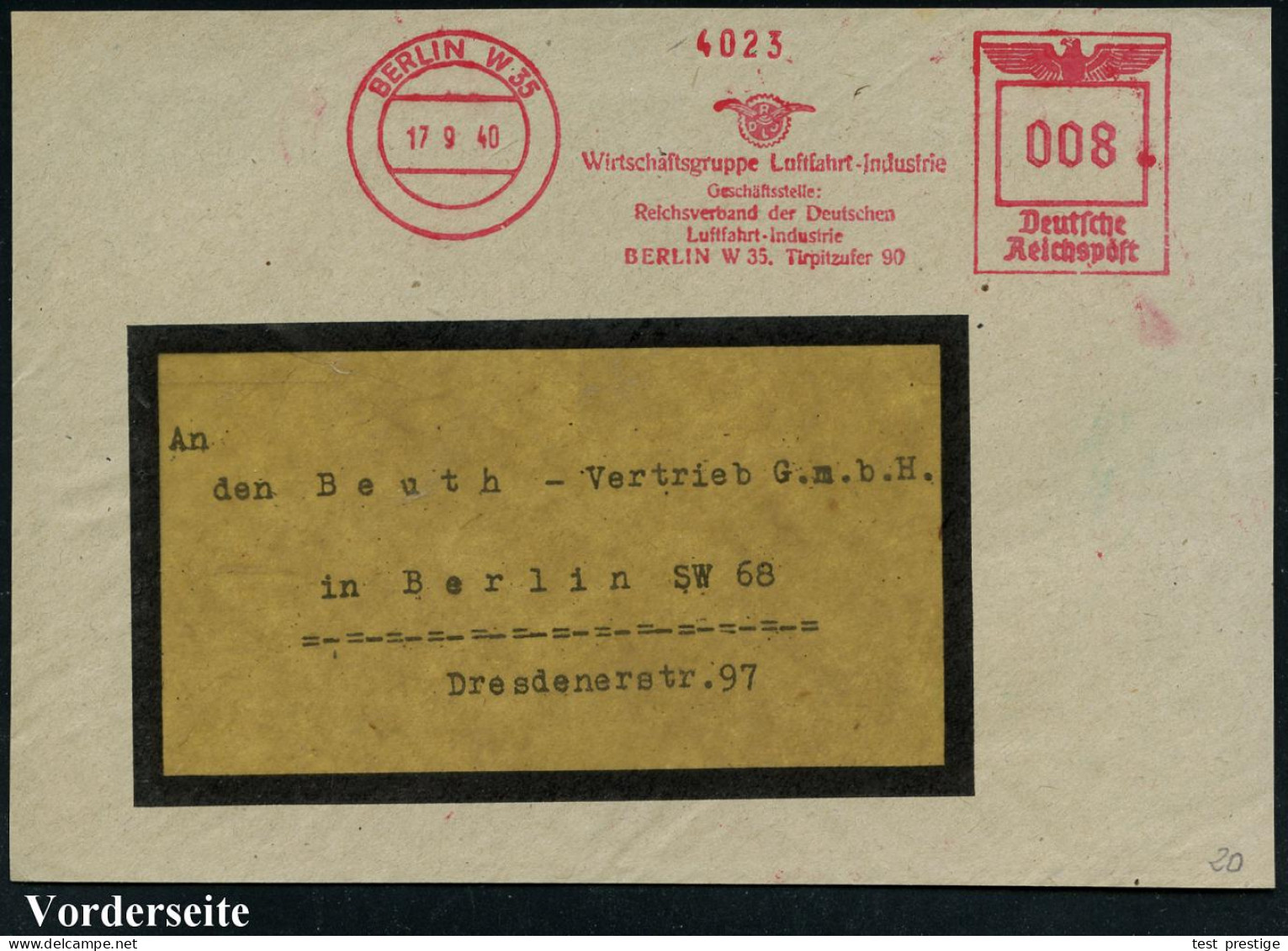 BERLIN W35/ ..Reichsverband Der Deutschen/ Luftfahrt-Industrie 1940 (17.9.) Seltener AFS Francotyp "Reichsadler" (Logo)  - Other (Air)