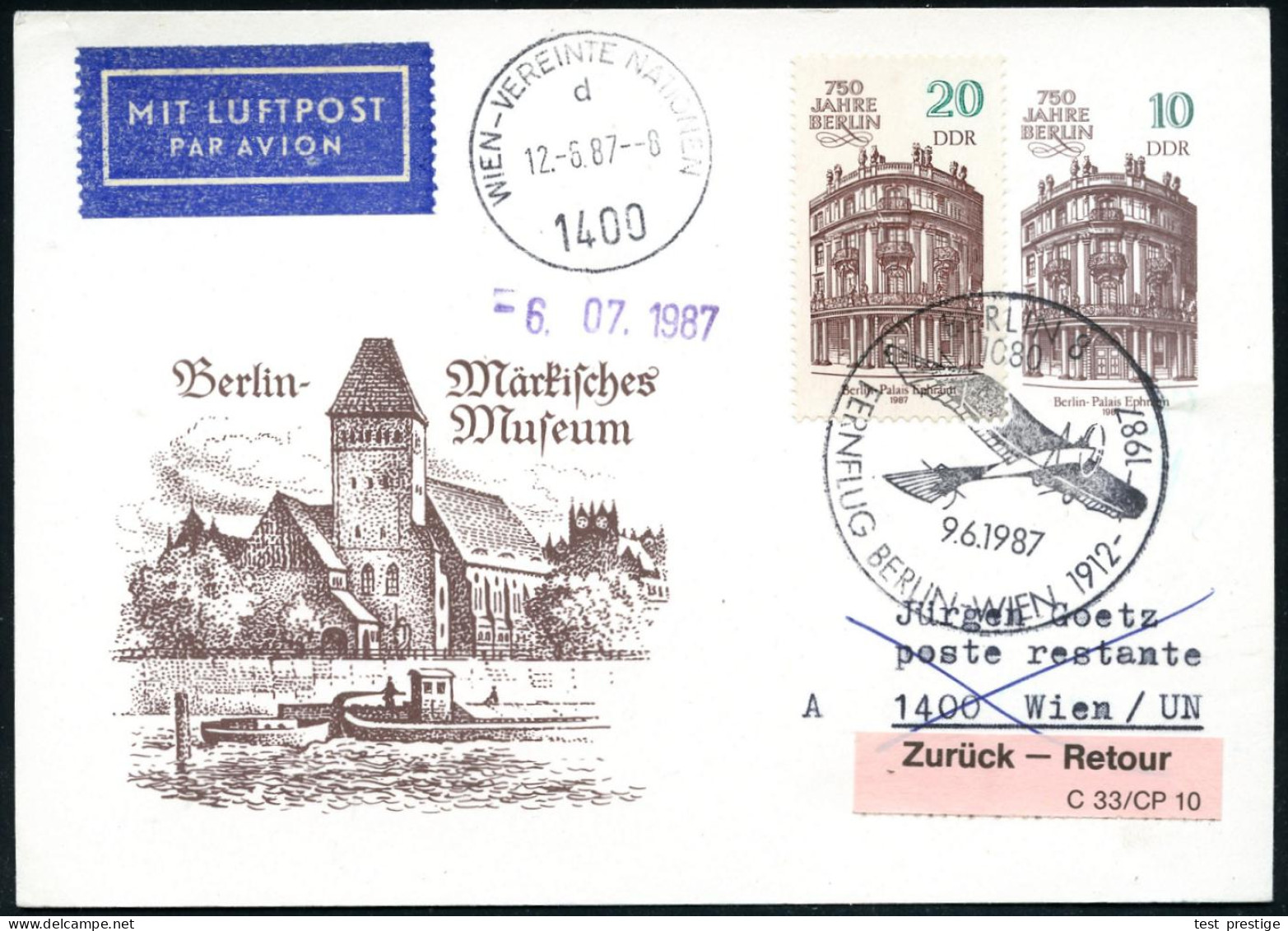 1080 BERLIN 8/ FERNFLUG BERLIN-WIEN 1912.. 1987 (9.6.) Jubil.-SSt = Rumpler "Taube" Auf Sonder-P 10 Pf. "750 Jahre Berli - Sonstige (Luft)