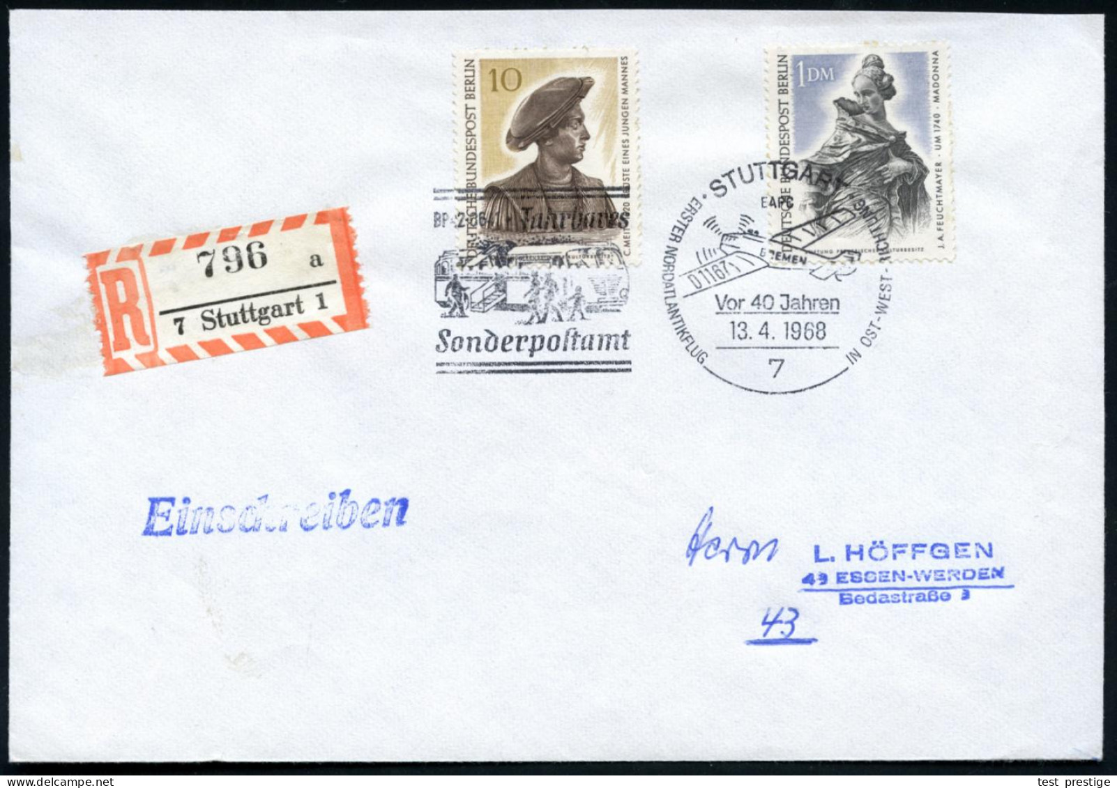 7 STUTTGART/ ..Fahrb./ Sonderpostamt/ ERSTER NORDATLANTIKFLUG..OST-WEST.. 1968 (13.4.) FaWSt = Junkers W 33 ("Bremen") + - Autres (Air)