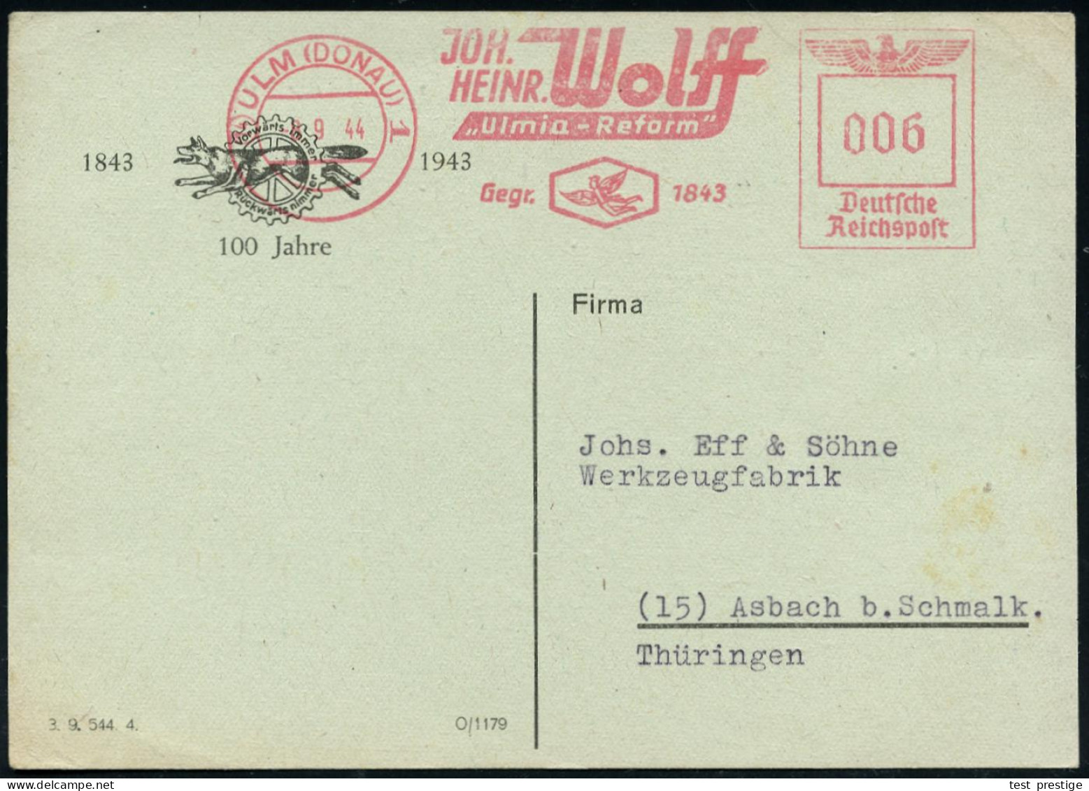 (14) ULM (DONAU) 1/ JOH./ HEINR. Wolff/ "Ulmer-Reform"/ Gegr.1843 1944 (8.9.) Seltener AFS Francotyp Mit Postleitzahl != - Autres (Air)