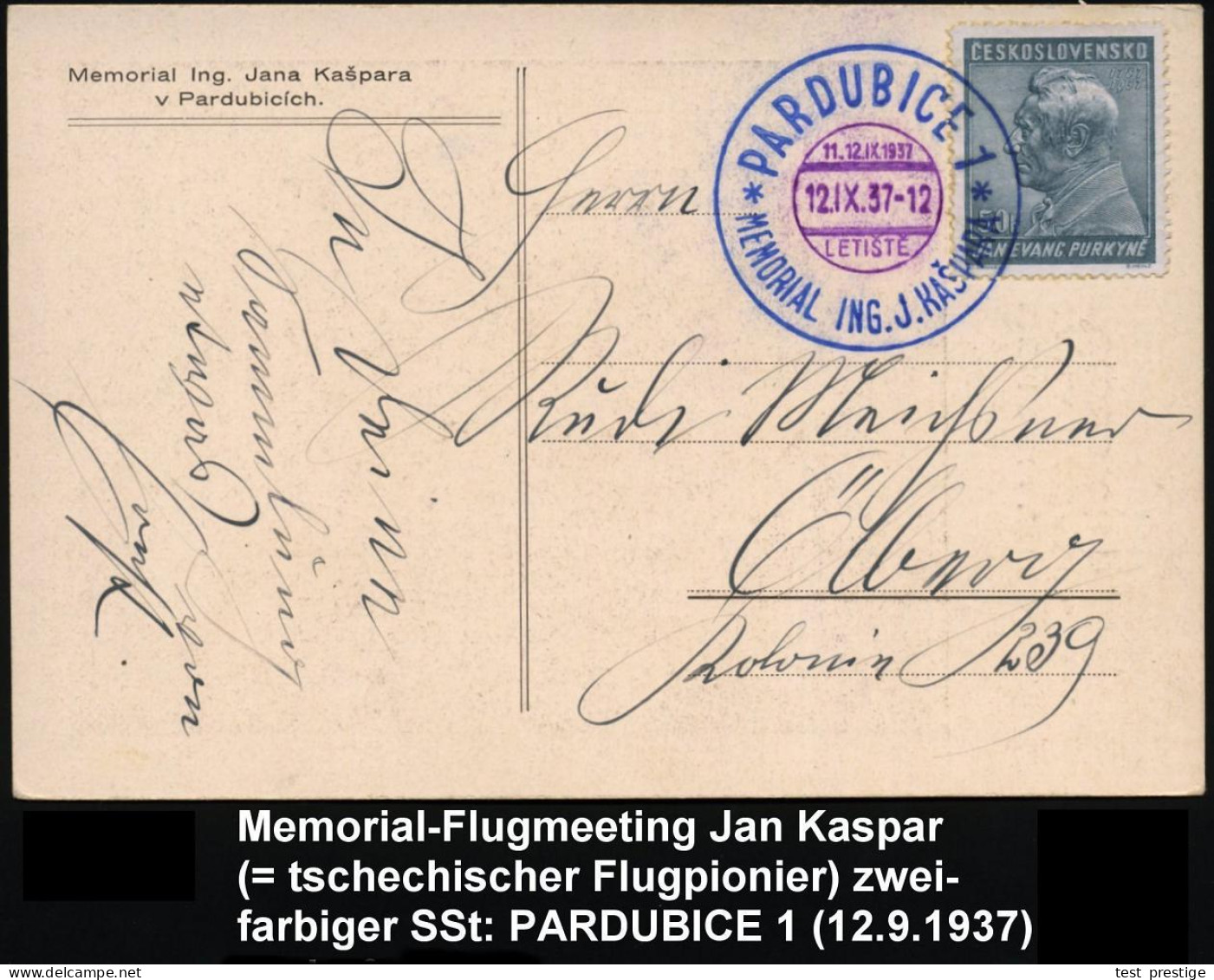 TSCHECHOSLOWAKEI 1937 (12.9.) Zweifarbiger SSt: PARDUBICE 1/LETISTE/MEMORIAL ING. J.KASPARA (= Tschech. Flug-Pionier) Kl - Altri (Aria)