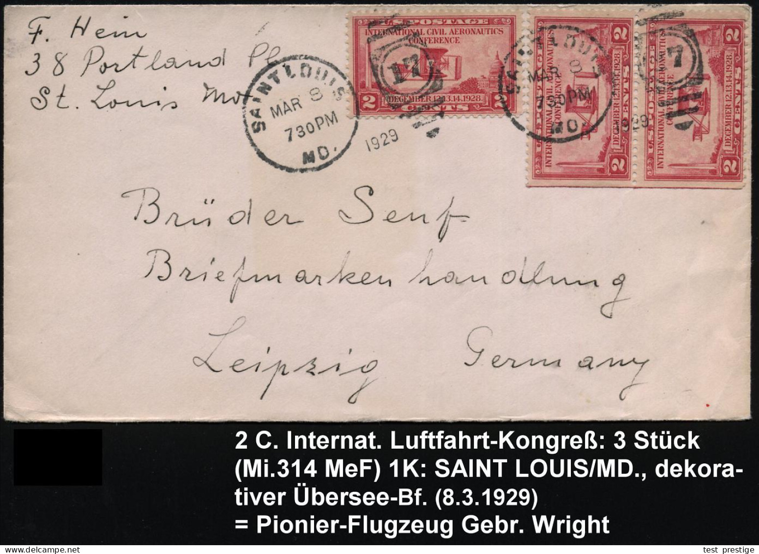 U.S.A. 1929 (8.3.) 2 C. "Flugapparat Gebr.Wright 1903", Reine MeF: Paar + Einzelstück = Internat. Zivilluftfahrt-Konfere - Other (Air)