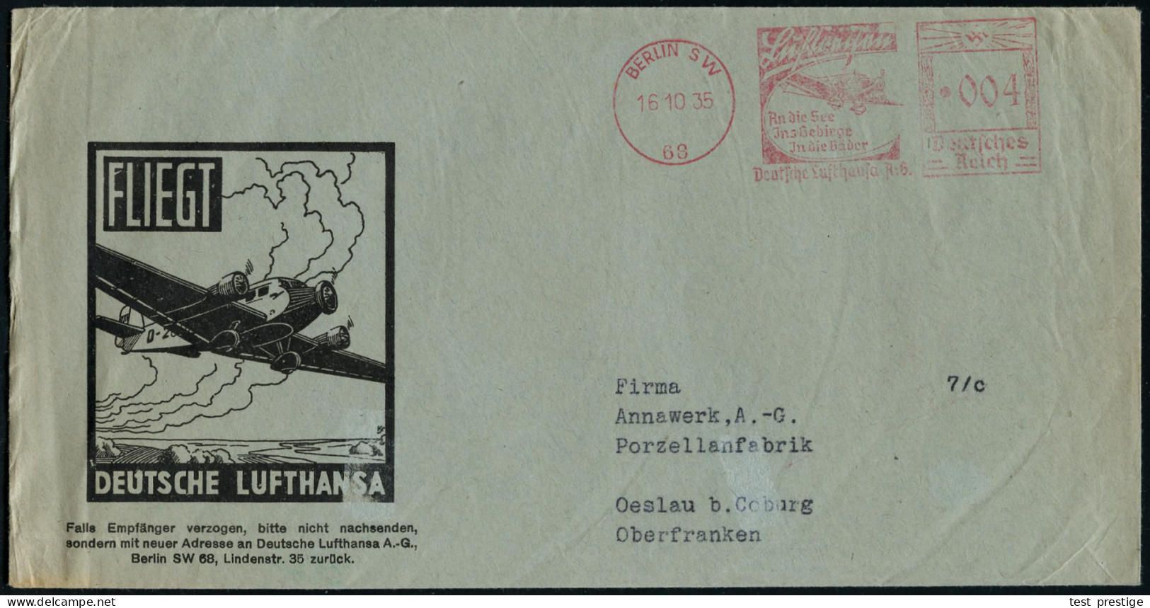 BERLIN SW/ 68/ Lufthansa/ An Der See/ Ins Gebirge/ In Die Bäder/ Deutsche Lufthansa AG 1935 (16.10.) Dekorativer AFS Fra - Sonstige (Luft)